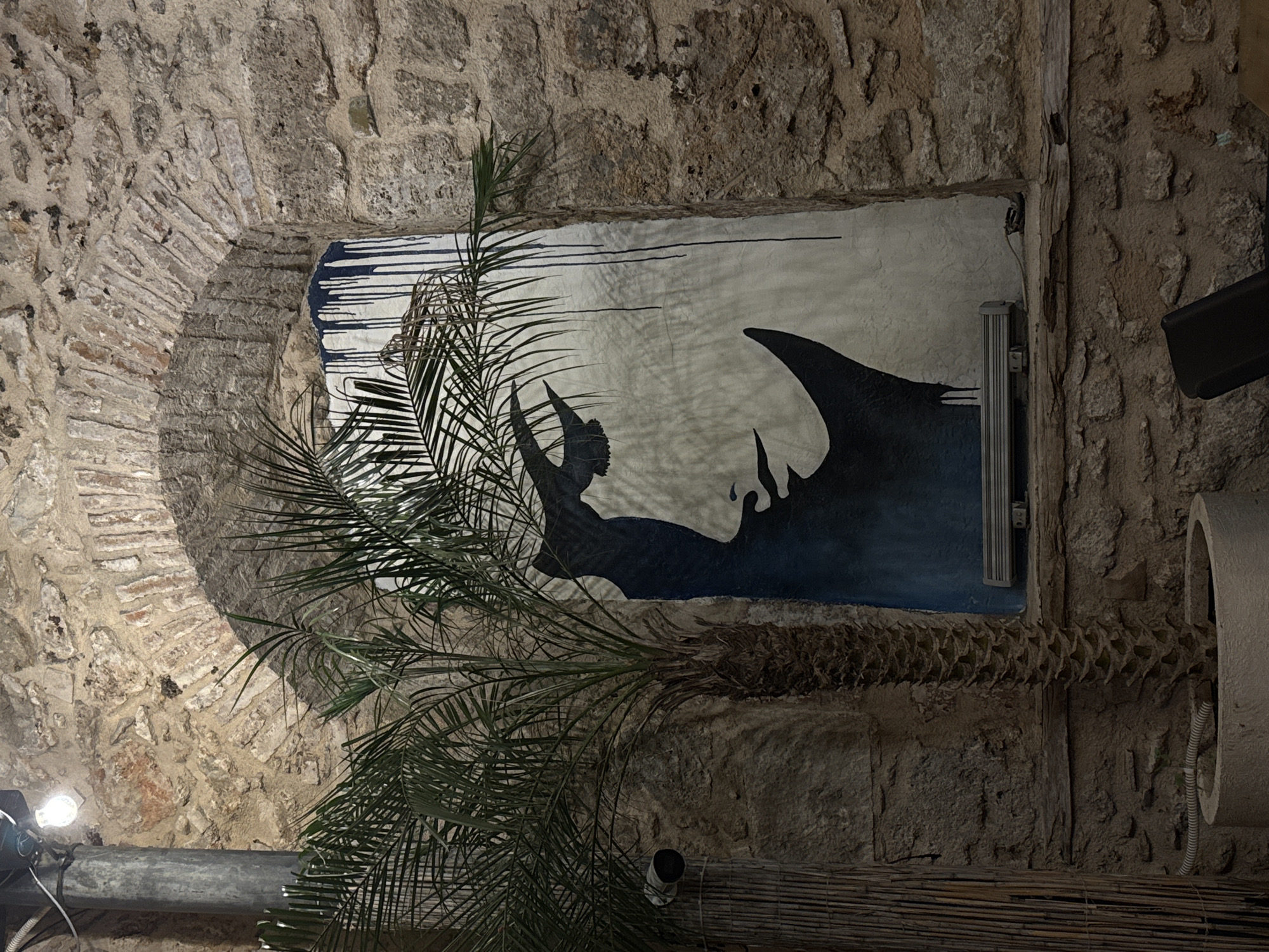This is a photograph of a mural on a stone wall within an arched alcove, located in Antalya, Turkey. The mural depicts a stylized face in dark blue and black hues against a light background, with streaks of dark paint dripping down from the top. To the left of the mural, a potted palm tree with fronds obscuring part of the artwork and wall is visible. The stone wall surrounding the alcove is rough-hewn and shows signs of age. A metal conduit and a light fixture are also present on the left side of the image, mounted on the wall. The overall lighting suggests it is nighttime or an indoor setting.