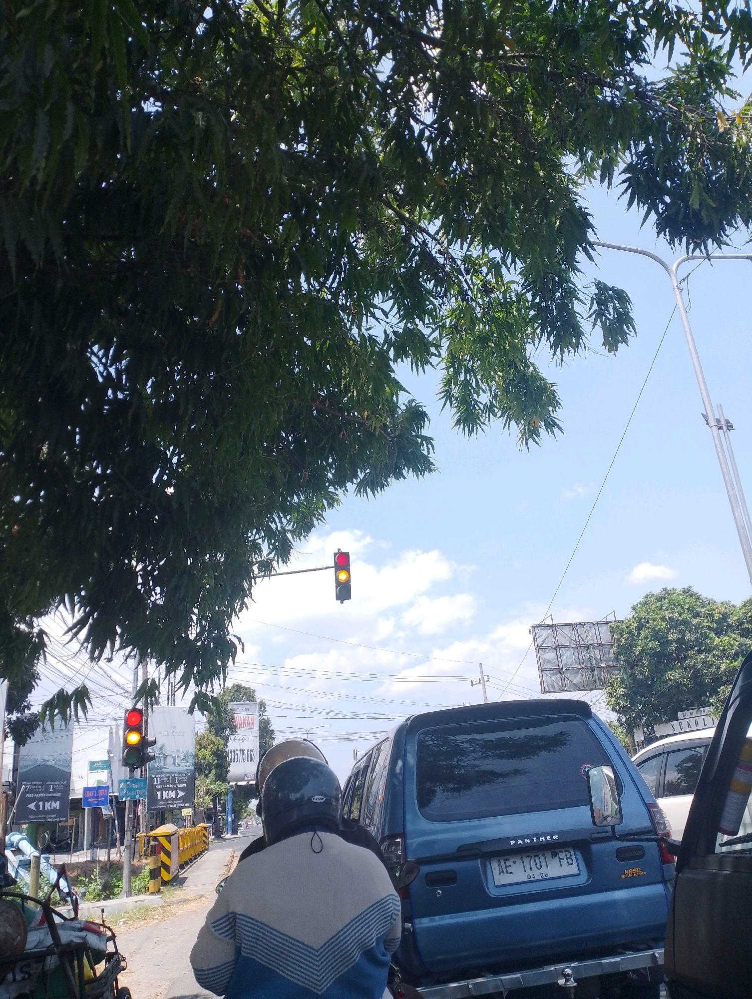 The image captures a traffic scene in Teguhan, Indonesia, under a bright, partly cloudy sky. The foreground is dominated by the lush green canopy of a tree, obscuring a portion of the sky and the upper parts of the surrounding environment. A traffic light is visible, with the red and yellow lights illuminated. In the mid-ground, several vehicles are present, including a blue van with the license plate "AE 1701 FB" and the word "PANTHER" written on its rear. A person wearing a helmet is seated on a motorcycle in the immediate foreground, facing away from the camera. The road appears to be a typical urban street, with sidewalks, signs, and other vehicles suggesting a moderate level of traffic. The overall impression is one of everyday life in a bustling Indonesian city.