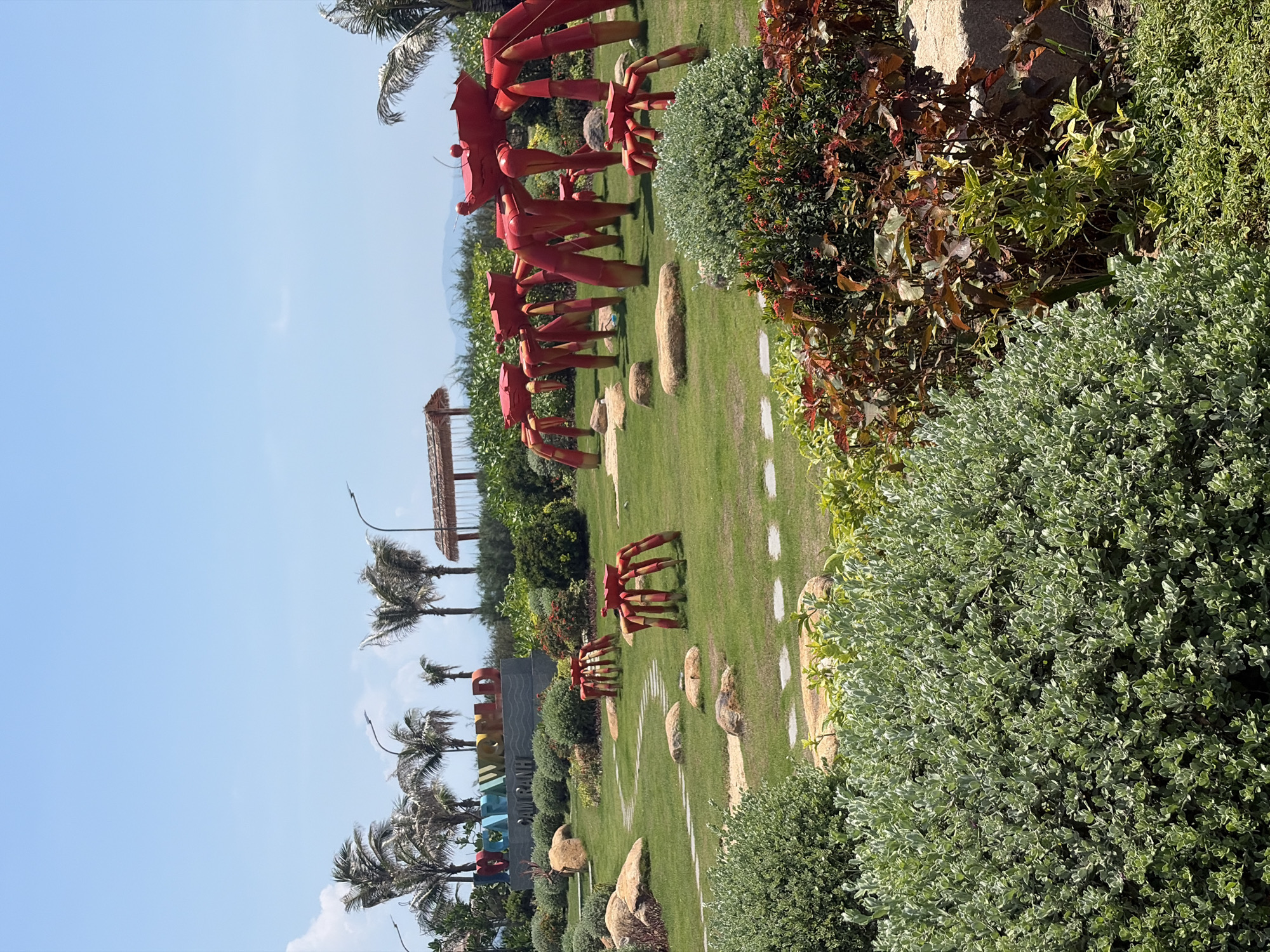 The image depicts an outdoor scenic area with a vibrant landscape, likely a park or tourist attraction. In the background, a large, colorful sign reads "OCEAN WORLD CAM RANH," indicating the location as Cam Ranh, Vietnam. The foreground is dominated by a lush green lawn, artfully dotted with large rocks and a winding stone pathway. Scattered across the lawn are several large, bright red crab sculptures, each with multiple legs, adding a whimsical and eye-catching element to the scene. Some of the sculptures are larger than others, creating a sense of scale and variety. In the middle ground, there are various types of green bushes and shrubs, interspersed with plants exhibiting reddish-brown foliage. Palm trees are visible in the background, some appearing wind-swept, and a thatched-roof structure suggests a shaded seating area or pavilion. The sky above is a clear, bright blue with a few wispy white clouds. The overall impression is a well-maintained, attractive outdoor recreational space designed for visitors.