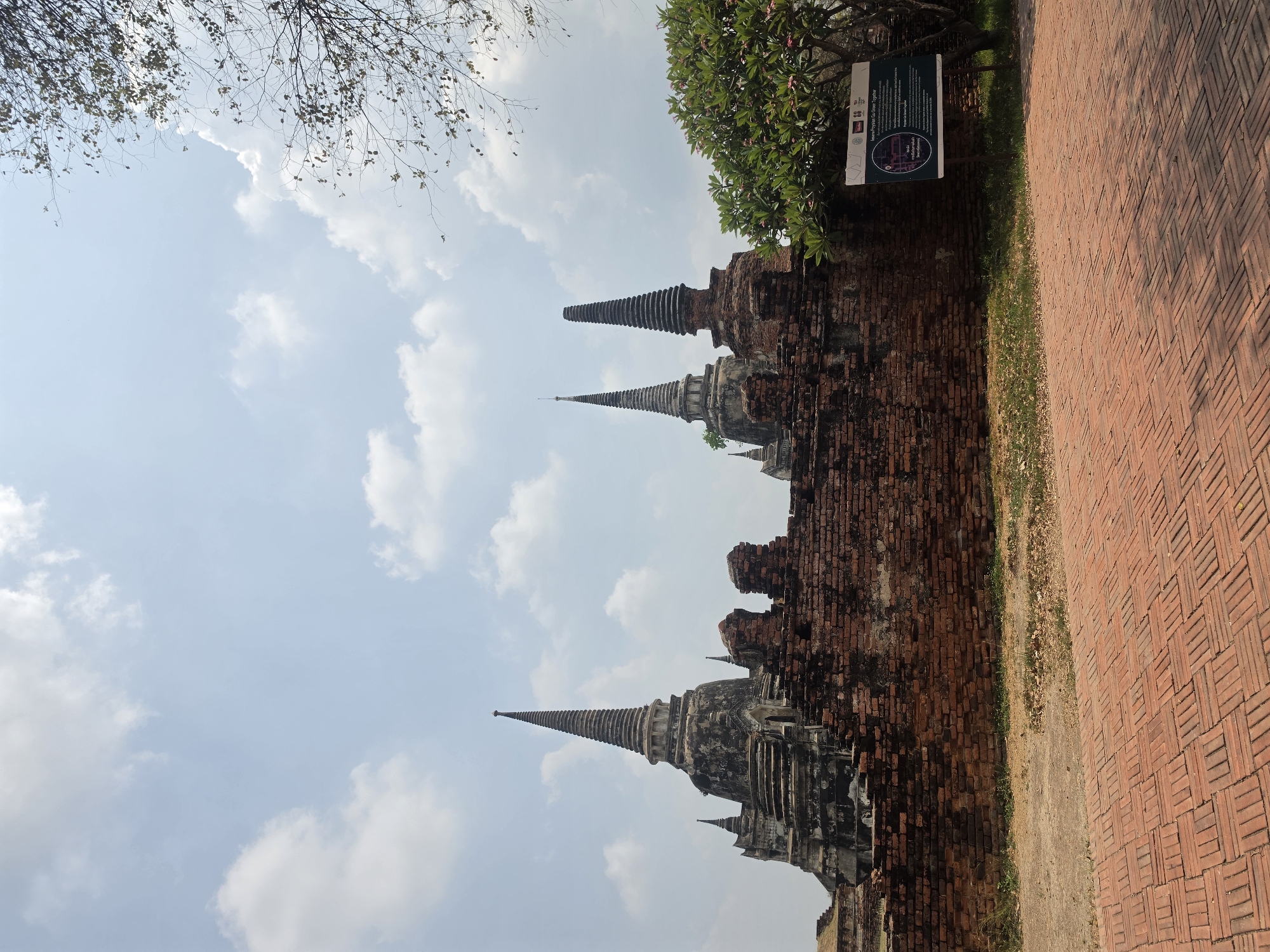 The image captures the ancient ruins of Wat Phra Si Sanphet in Phra Nakhon Si Ayutthaya City Municipality, Thailand. Three prominent chedis (Buddhist stupas) dominate the scene, constructed from weathered brick and stone. The structures exhibit damage and signs of age. A brick wall runs adjacent to the chedis, also exhibiting signs of wear. A brick pathway is on the right side of the wall. A tree with green foliage is located near the wall with a sign nearby. The sky is partially obscured by clouds, with branches of a bare tree visible at the top of the frame. The image is taken from a low angle, emphasizing the height and scale of the ruins.