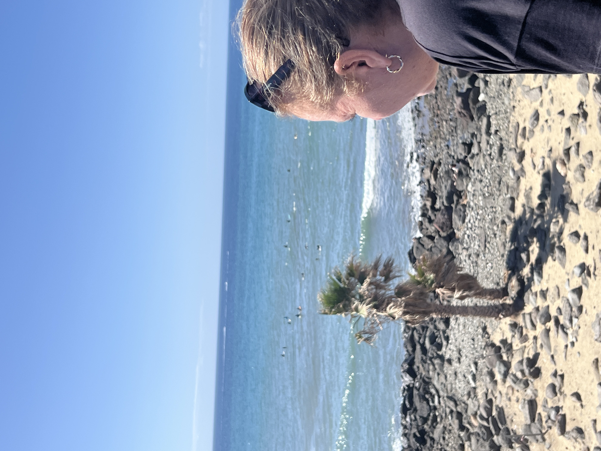 A vertically oriented photograph depicts a scene in Maspalomas, Spain. The upper right of the frame shows a fair-skinned individual wearing a dark shirt and sunglasses atop their head. A silver hoop earring is visible. The view extends over the ocean with sunlight glistening on the water. A single palm tree stands on a rocky shore, transitioning to a sandy beach. The sky is a clear blue. A group of birds flies near the shore.