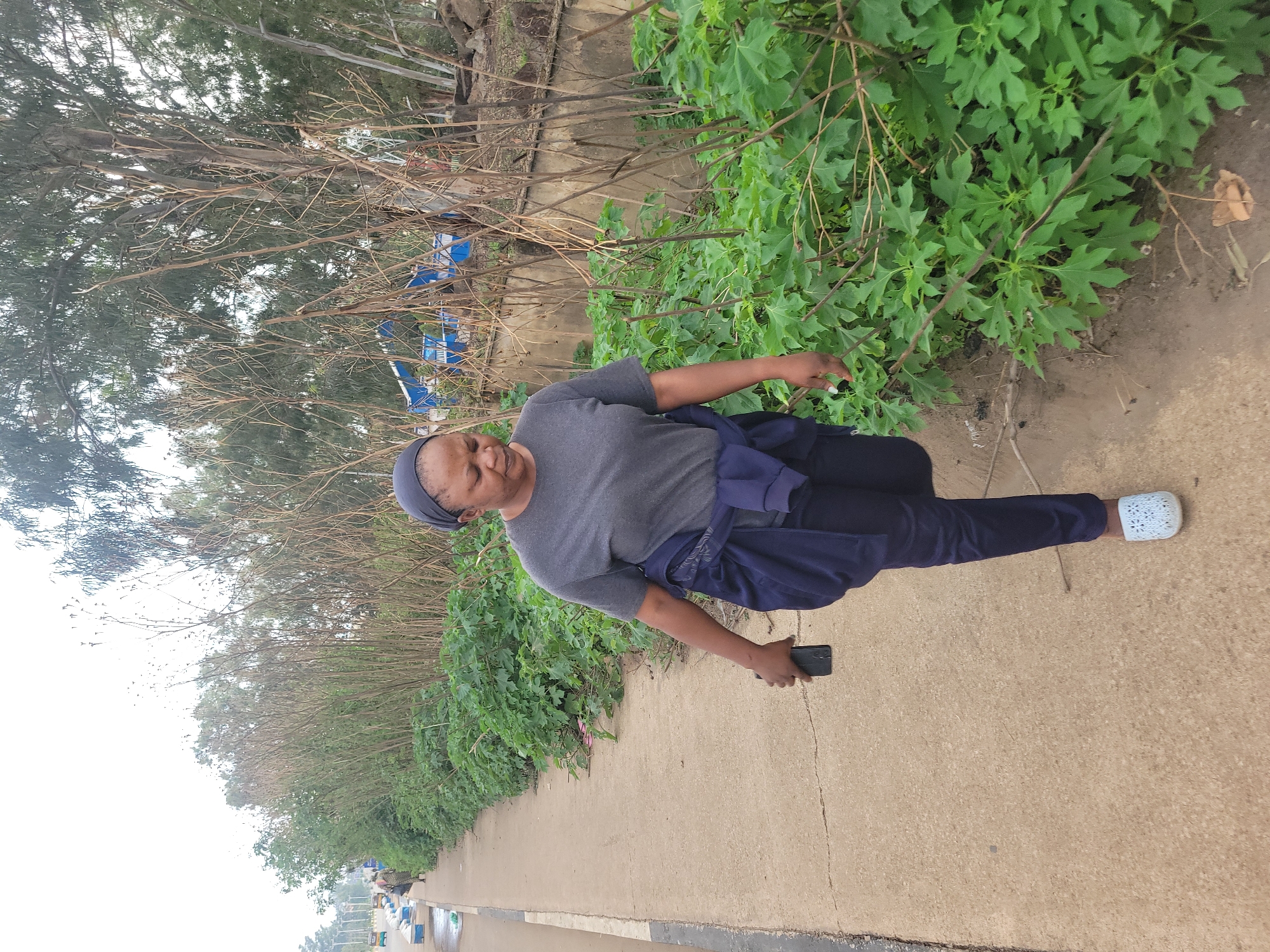 A woman is walking on a concrete sidewalk next to a roadside ditch. She is wearing a gray t-shirt, dark pants, and a blue headscarf. A blue jacket is tied around her waist. She is holding a black smartphone in her right hand. The sidewalk is next to a busy road with vehicles visible in the background. The ditch is filled with lush green foliage and dry branches. The environment suggests an outdoor setting in a tropical or subtropical climate, possibly in Gura Top, Nigeria, based on the provided context. The sky is overcast, and the lighting is diffused.