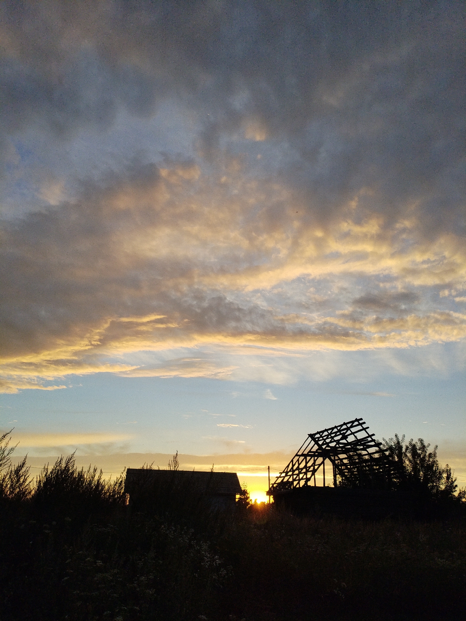 The image shows a silhouetted landscape at dusk, with a sunset casting warm hues across the sky. In the foreground, dark vegetation, likely grass and bushes, dominates the lower portion of the frame. To the left, the silhouette of a building with a sloped roof is partially visible, surrounded by dense foliage. To the right, the skeletal remains of a roof structure, appearing to be under construction or partially demolished, stand starkly against the sky. The sky is filled with dramatic clouds, streaked with yellow and orange from the setting sun, contrasting with darker grey and blue tones. The overall scene evokes a sense of rural stillness and the fading light of day, with the location identified as Bialynichy, Belarus.