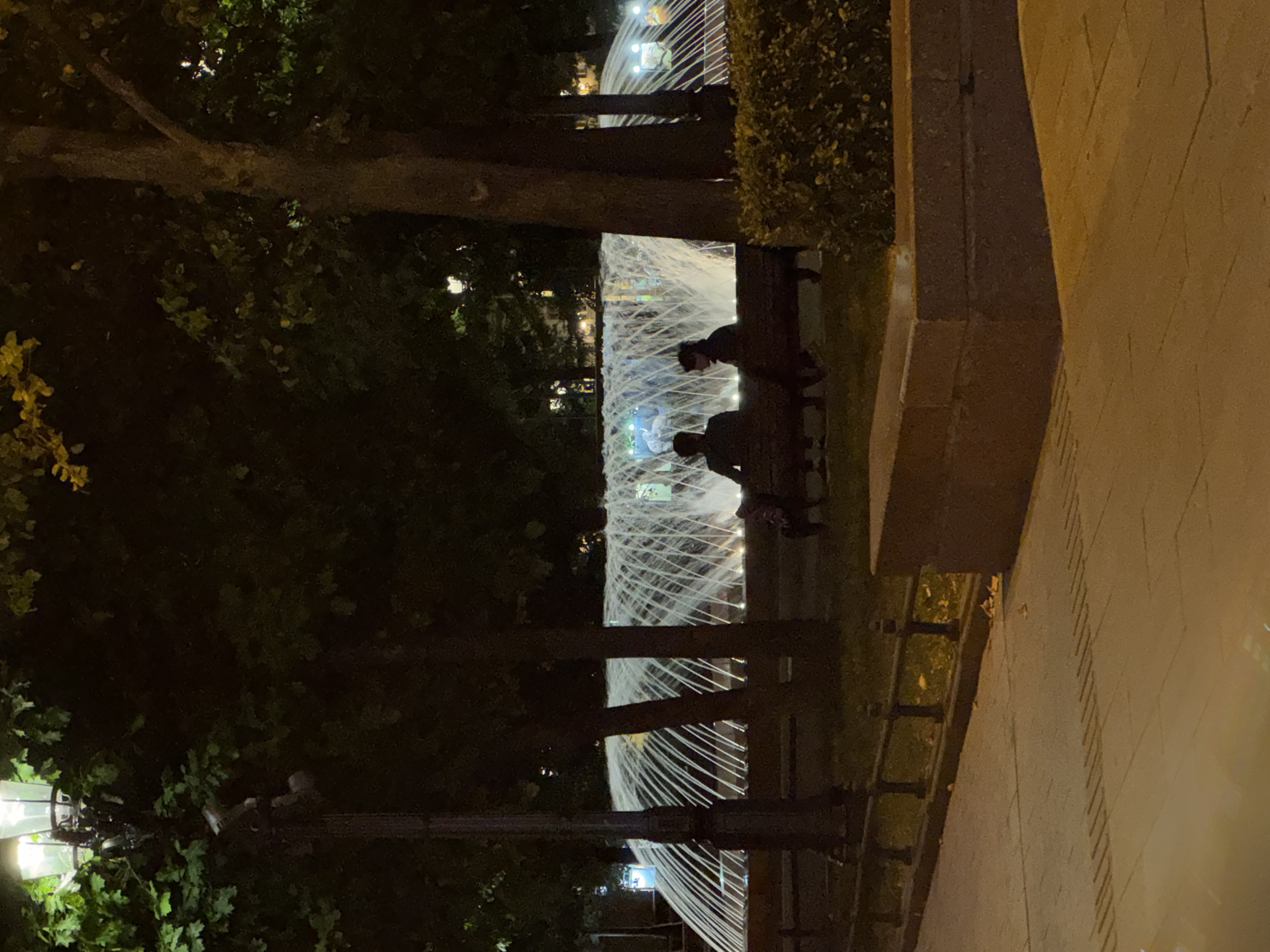 Two individuals are seated on a park bench facing a large, illuminated fountain at night. The fountain is spraying water in an arching pattern, with lights reflecting off the water. The scene appears to be in a park or public square, with trees and lampposts visible in the background. The ground in the foreground is paved. This image was captured in Moscow, Russia.
