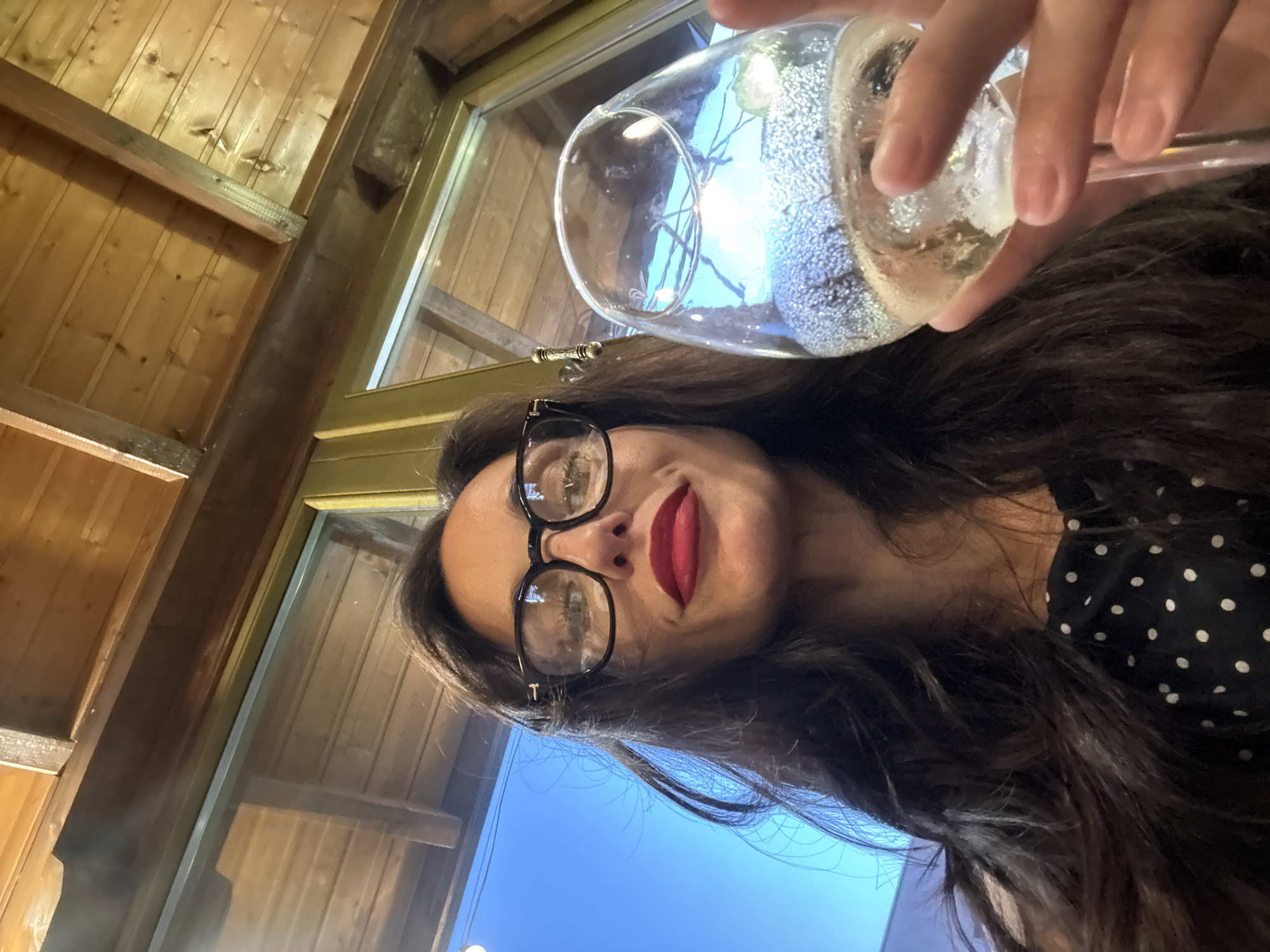 A low-angle, close-up shot features a woman taking a selfie while holding a glass with a sparkling drink. The woman has long, dark hair, wears black-framed glasses, and has bright red lipstick. Her right hand, with neatly manicured nails, cradles the clear wine glass, which is filled with a bubbly, light-colored liquid, reflecting light off its surface.
The background shows an interior space dominated by wooden walls and a wooden slatted ceiling, along with prominent wooden beams. A large window or glass panel is visible, reflecting a clear blue sky and what appear to be tree branches, indicating an outdoor view. The bright blue sky suggests the image was captured during the daytime.
The setting is in Pleven, Bulgaria, within what appears to be a cozy or rustic indoor environment, possibly a restaurant, lodge, or a home with wooden architectural features. There is no visible text in the image.
