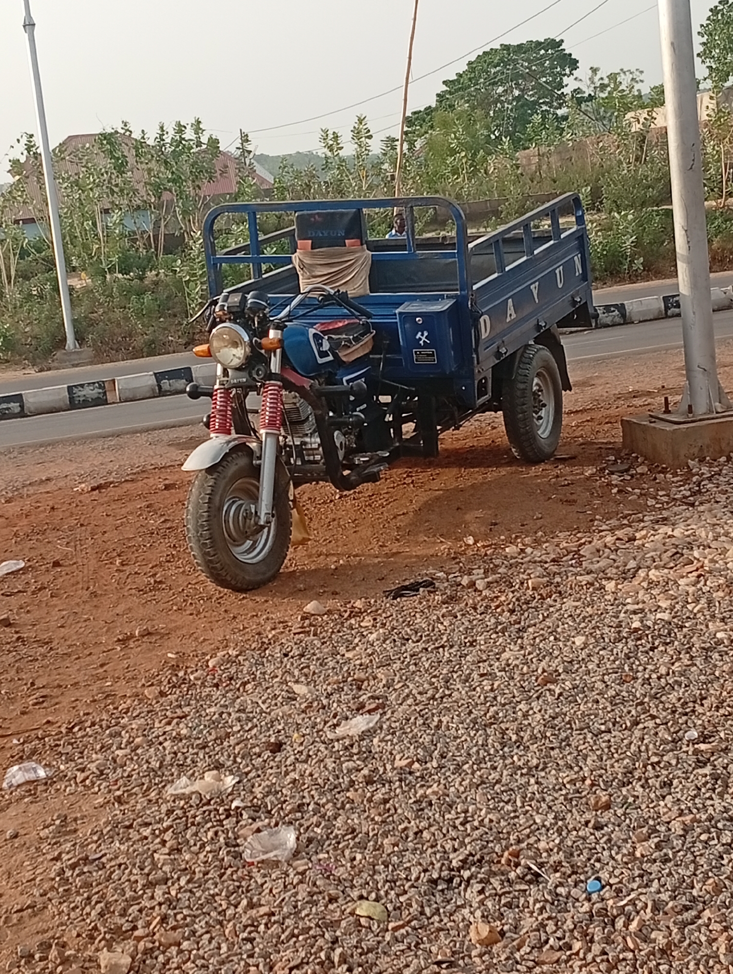 The image depicts a blue "DAYUN" branded three-wheeled motorcycle parked on a patch of gravel and reddish-brown soil beside a road. The vehicle has a truck bed behind the motorcycle section. A person is seated in the vehicle. There is sparse litter on the ground. In the background, there are trees, shrubs, and buildings. A metal light pole stands on the right side of the image. Based on the prompt, the location is Adankolo, Nigeria.
