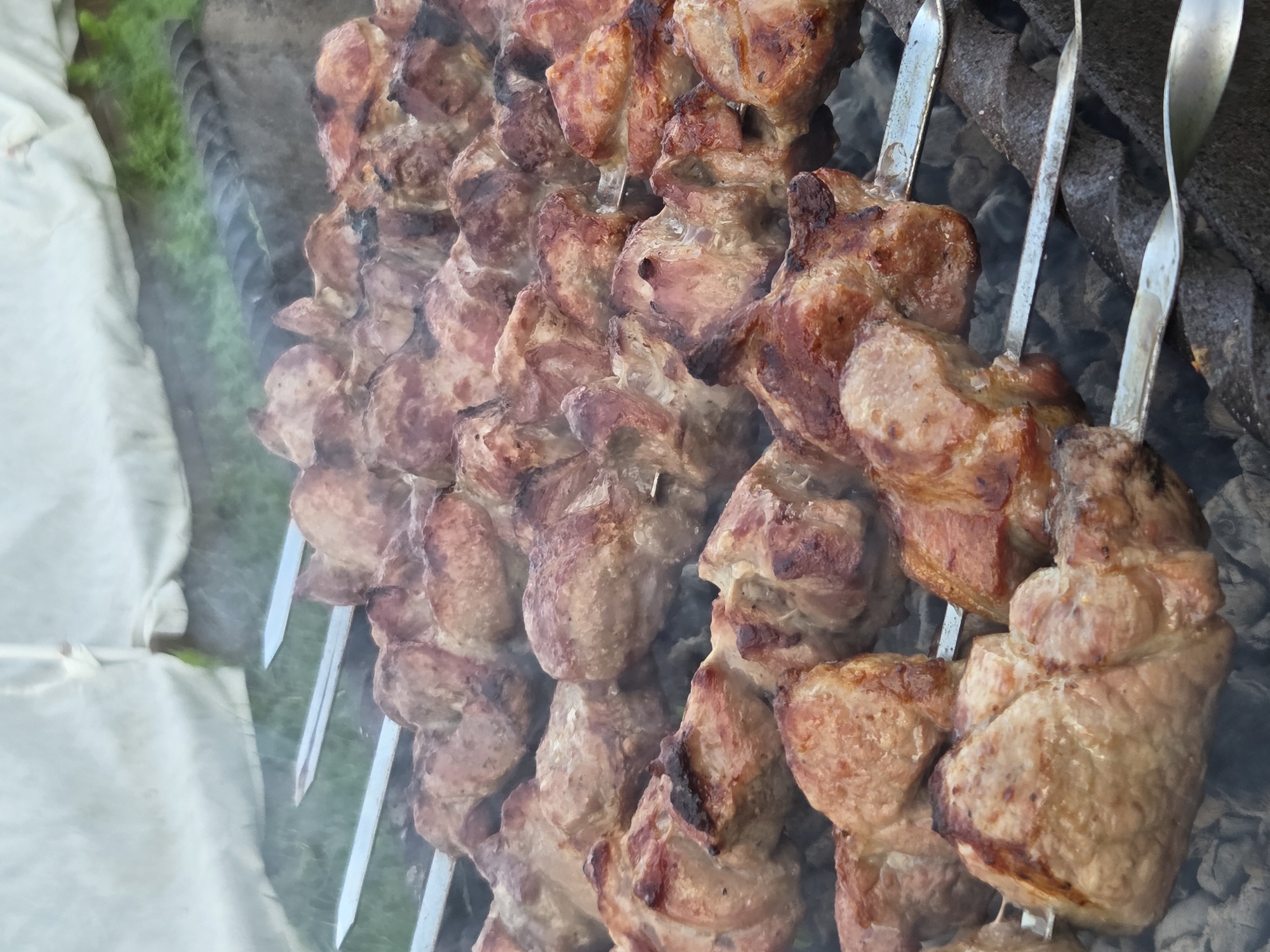 This image depicts several skewers of meat being grilled over coals. The meat appears to be pork, cut into cubes and skewered. Some pieces show browning and charring from the heat. Wisps of smoke rise from the grilling meat. The skewers are made of metal and are positioned horizontally over a bed of dark grey coals. The background consists of some greenery and a light-colored canvas or tent, suggesting an outdoor setting. The image does not contain any information that allows for its location to be identified as Frolovo, Russia, or any other specific city. The scene is focused on the food and the cooking process.