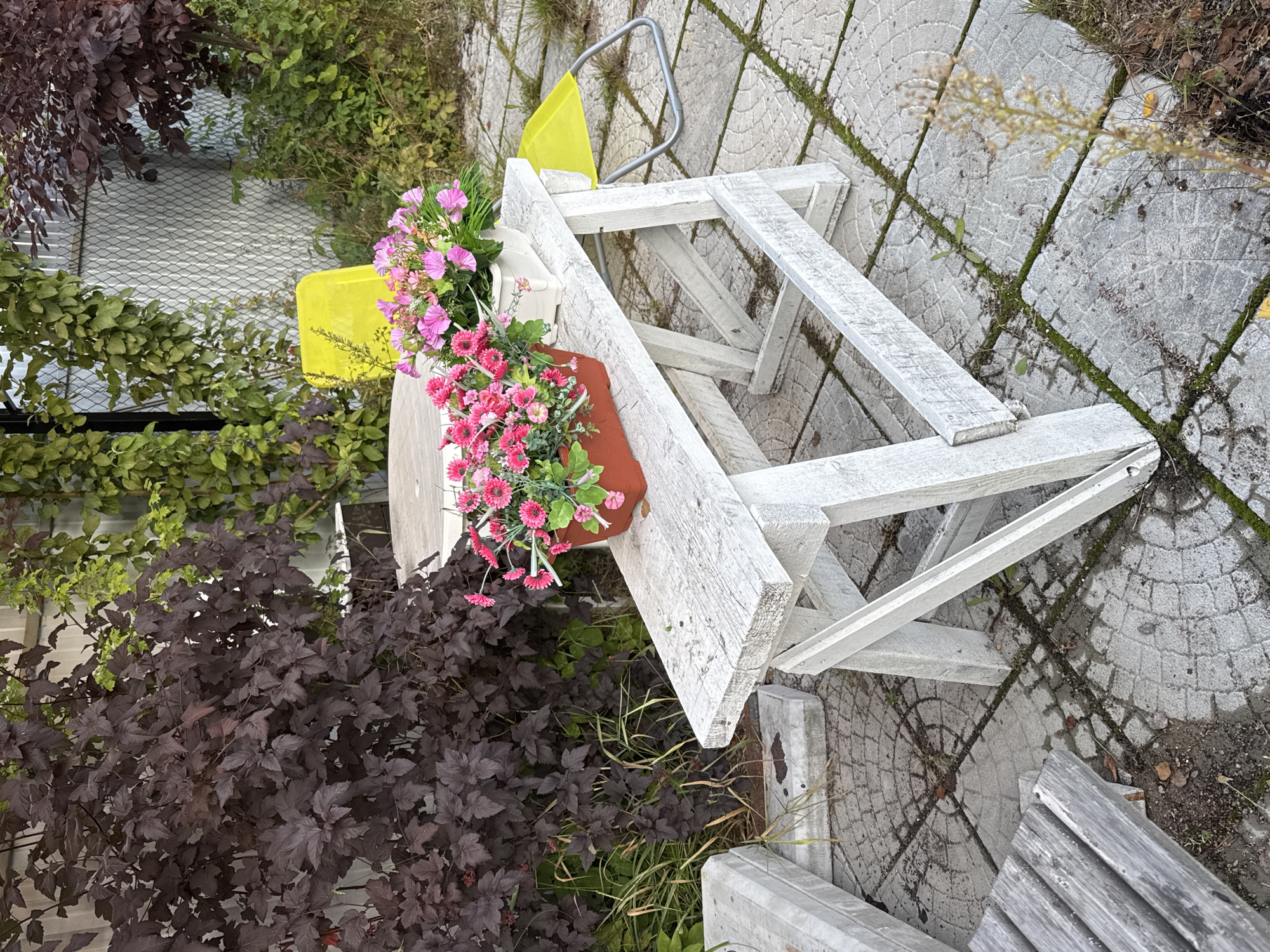 The image depicts an outdoor scene in Zelenaya Roshcha, Russia, featuring a white wooden bench positioned on a tiled patio. Two planters filled with vibrant pink flowers are placed on the bench. In the background, lush green and dark purple foliage surrounds the area, with a grey metal fence and a yellow chair visible. The patio is constructed with circular and square tiles, some of which are covered with moss. Adjacent to the bench, there are concrete blocks and a portion of a wooden bench. The overall setting appears to be a garden or backyard area.