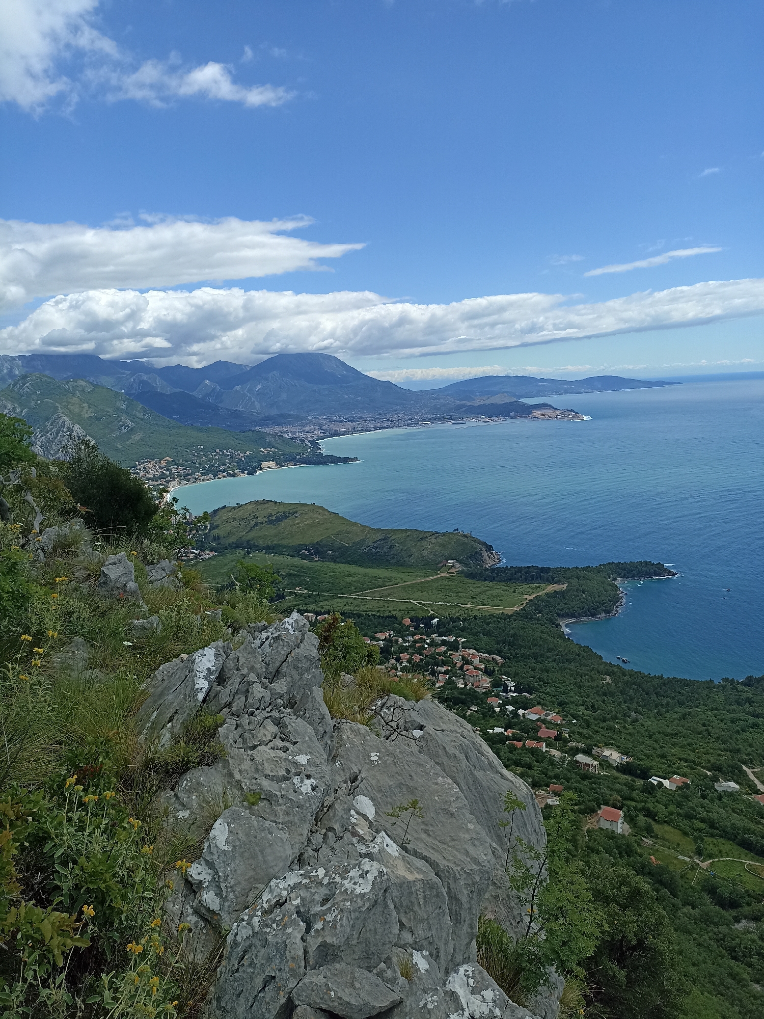 A scenic view from a high vantage point in Mišići, Montenegro, showcases the Adriatic coastline. The foreground consists of gray, jagged rocks interspersed with green vegetation, including grass and small yellow flowers. In the midground, a lush green landscape slopes down toward the coastline, dotted with small houses with red-tiled roofs, partially obscured by trees. The water is a clear turquoise color near the shore, transitioning to a deeper blue further out. In the background, mountains rise up into the sky, partially shrouded in clouds. A city stretches along the coast between the mountains and the sea. The sky is a bright blue with scattered white clouds.