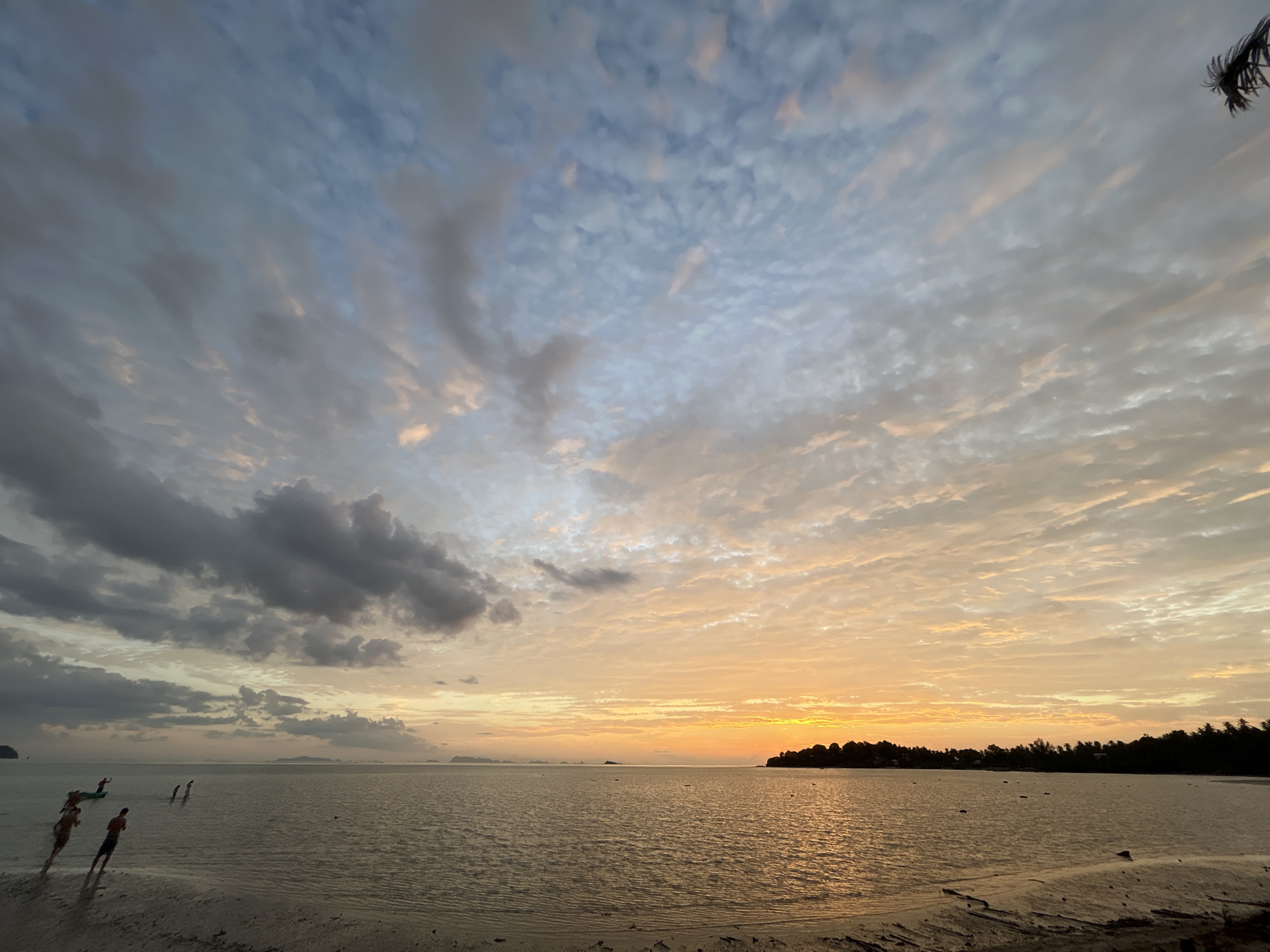 This is a wide-angle, low-angle, dusk photograph of a beach in the Ko Pha-ngan District of Thailand. The sky is filled with dramatic clouds, ranging from dark grey on the left to vibrant orange and yellow hues on the right, indicating the setting sun. The sea is calm with gentle ripples, reflecting the colors of the sky. In the foreground, several figures, appearing to be children or young adults, are in the shallow water near the sandy shore. Some are walking, while others appear to be playing or interacting. In the distance, silhouetted landmasses, likely islands or the mainland coastline, are visible on the horizon. The overall scene depicts a tranquil tropical evening at the beach.