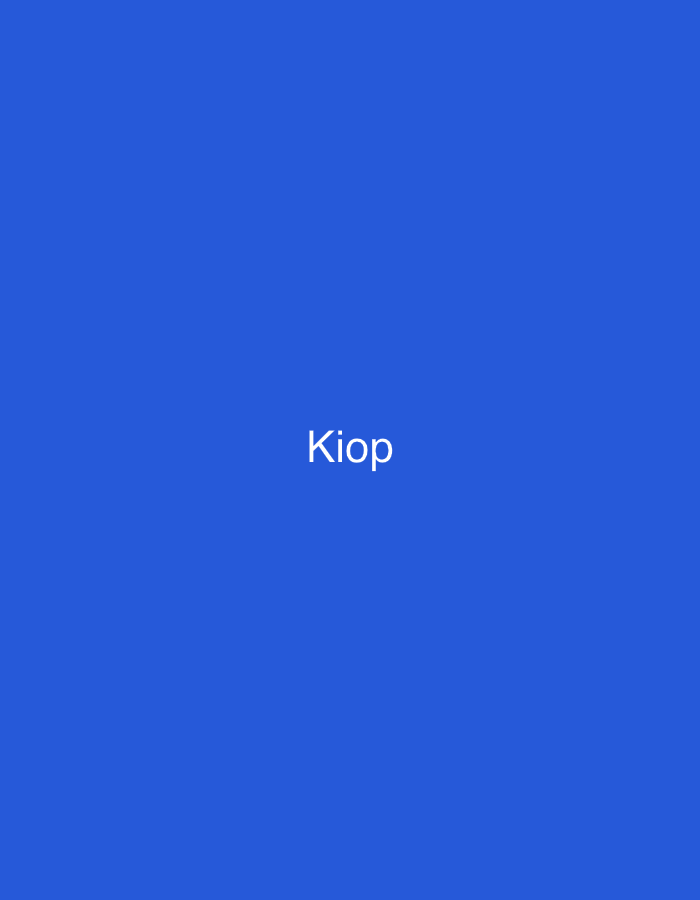 The image displays a solid, uniform blue background. Centered horizontally and slightly above the vertical midpoint of this field is the word "Kiops" rendered in plain white, sans-serif text. The visual content provides no discernible environmental context, geographical markers, or specific features that would indicate any particular location, including Casablanca, Morocco. No people, additional subjects, objects, actions, or interactions are depicted within the frame; the scene consists solely of the colored background and the textual element.