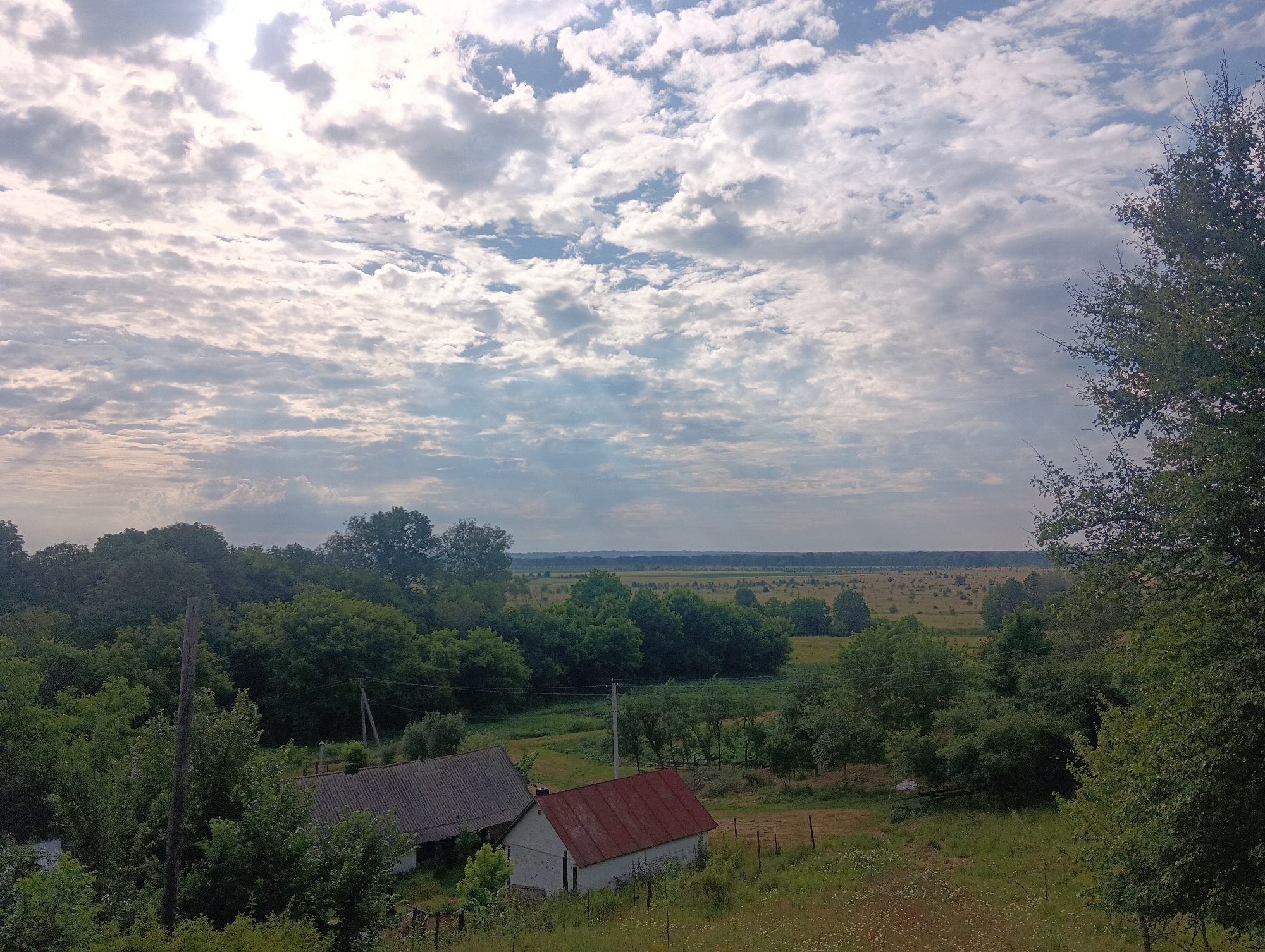 An overhead, medium shot captures a rural landscape under a partly cloudy sky. In the foreground, two small buildings are visible. The building on the left has a dark gray, corrugated roof. To its right, a smaller building with a red, corrugated roof and white walls is situated. Both structures appear to be single-story houses. A wooden utility pole stands to the left of the houses. The middle ground features a dense expanse of lush green trees. Beyond the trees, a vast, flat field stretches towards the horizon, dotted with scattered trees and bushes. The sky is filled with a mix of bright white and gray clouds, with patches of blue visible in between. The overall scene depicts a tranquil, natural setting in a rural area.