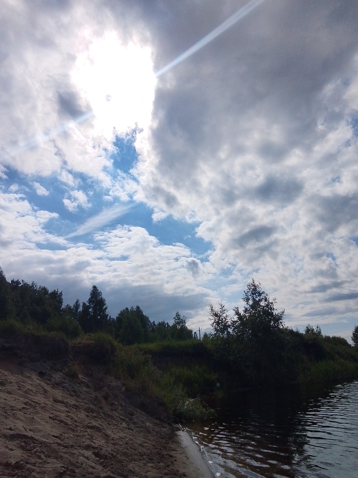 The image depicts a natural landscape scene. In the foreground, a sandy embankment slopes down towards a body of water. The water is dark and reflects the sky, with ripples on its surface. A thin line of sand marks the edge of the water. Behind the embankment, a dense line of trees and vegetation forms a dark silhouette against the sky. The sky is filled with dramatic clouds, with a bright area where the sun is partially obscured, casting a strong light. There are no people or man-made structures visible in the image, suggesting a remote or undeveloped natural environment. The location is described as Unknown, Unknown, implying that specific geographical information is unavailable.