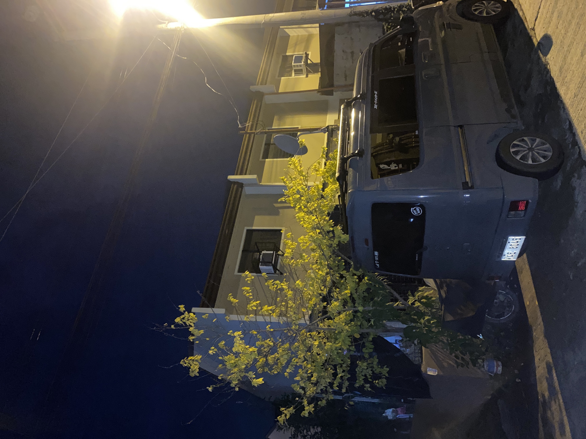 The image depicts a residential street scene at night in Davao City, Philippines. The foreground is dominated by a gray, compact van with a roof rack. The van's license plate is visible, reading "KGE 8046". To the left of the van, a small tree with yellowing leaves is illuminated by a street light. Behind the tree and van, a two-story house with cream-colored walls and brown trim is visible. An air conditioning unit is mounted on the exterior wall of the house. A street light shines brightly on the right side of the frame, casting long shadows. The overall atmosphere is that of a quiet, residential neighborhood at night.