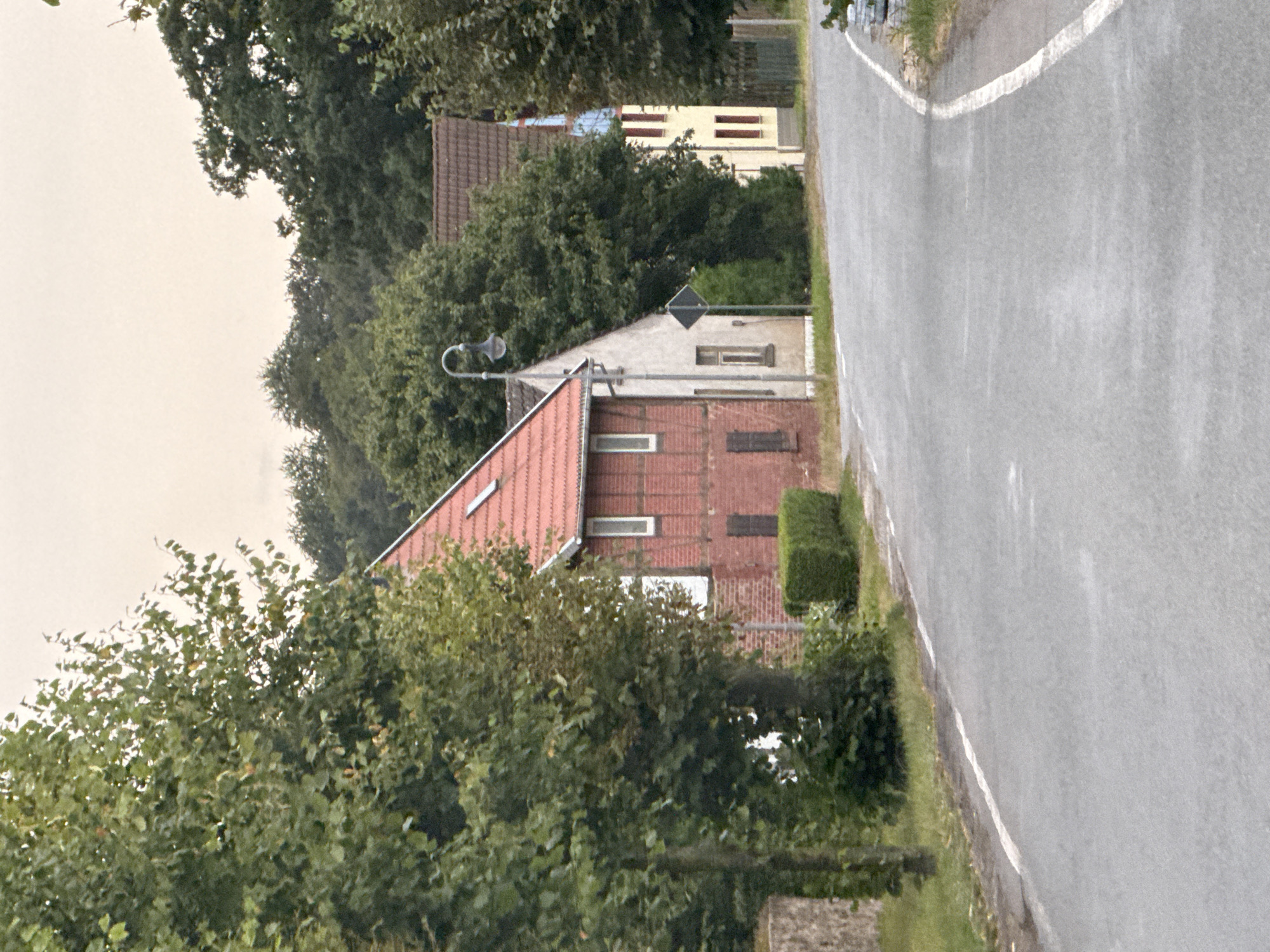 The image shows a grey asphalt road curving to the right, bordered by a white line on the right side and green grass and trees on the left. Several buildings are visible along the left side of the road, set back from the pavement and partially obscured by trees. The most prominent building on the left is a red brick house with a red tiled roof, featuring a white window and dark shutters. Next to it is a lighter-colored building with a dark gabled roof, a window, and a black diamond-shaped sign. Further down the road, a yellow building with red shutters and multiple windows is visible, along with another building partially obscured by trees. A vintage-style street lamp stands between the red brick and the lighter-colored building. The background is filled with dense green trees, suggesting a rural or semi-rural setting. The sky is overcast with a pale, hazy light. The scene appears to be a quiet street in a village or small town. The location is identified as Hohenstein, Germany. There are no people visible in the image, and no actions or interactions are depicted. The environment is characterized by buildings, vegetation, and a road.