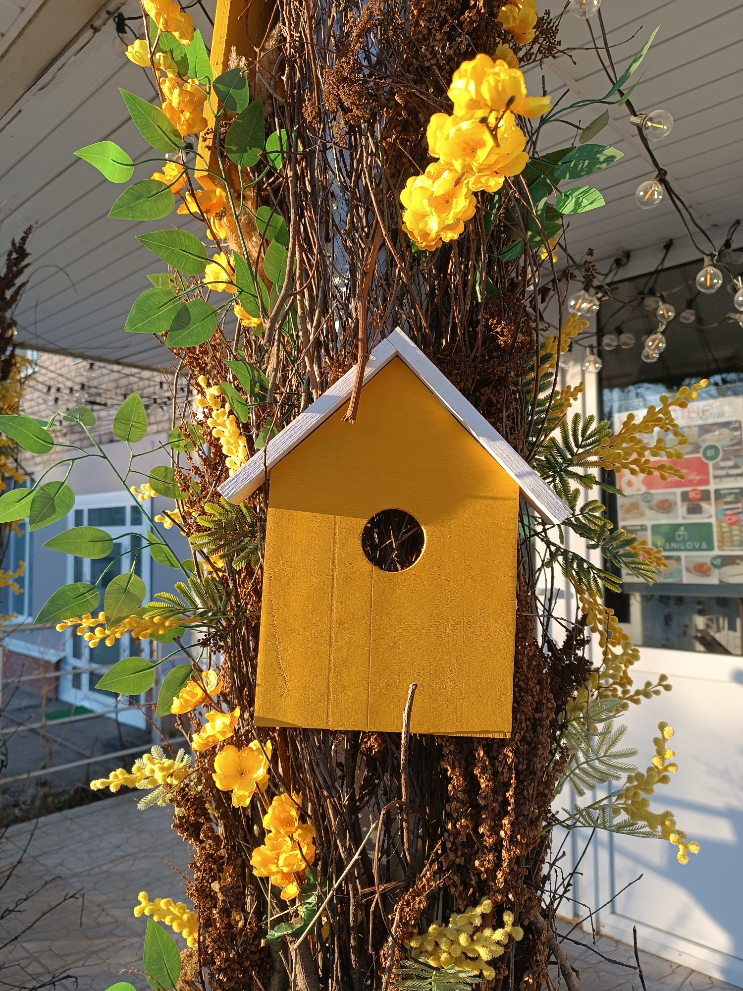 A vibrant yellow birdhouse with a white roof hangs centrally from a thick, dark brown post, which is extensively decorated with artificial greenery. The post is covered in entwined dried twigs and dark brown foliage, from which sprout clusters of bright yellow artificial flowers, resembling roses and mimosa, along with distinct green leaves on wires.
The scene is bathed in warm, strong sunlight from the right, creating clear highlights and shadows, indicative of either morning or late afternoon.
In the background, a modern building with large windows reflects the sky and surrounding elements. A string of round, clear decorative lights is suspended across the upper right. Through the windows, blurred interior details and various signs are visible. Text fragments such as "MANILOVA" and "OT" are discernible on one sign. The foreground and lower left reveal paved ground, possibly a sidewalk or patio area. No people or animals are present. The arrangement serves as an outdoor decoration, conveying a cheerful and welcoming atmosphere in Chaikovsky, Russia.
