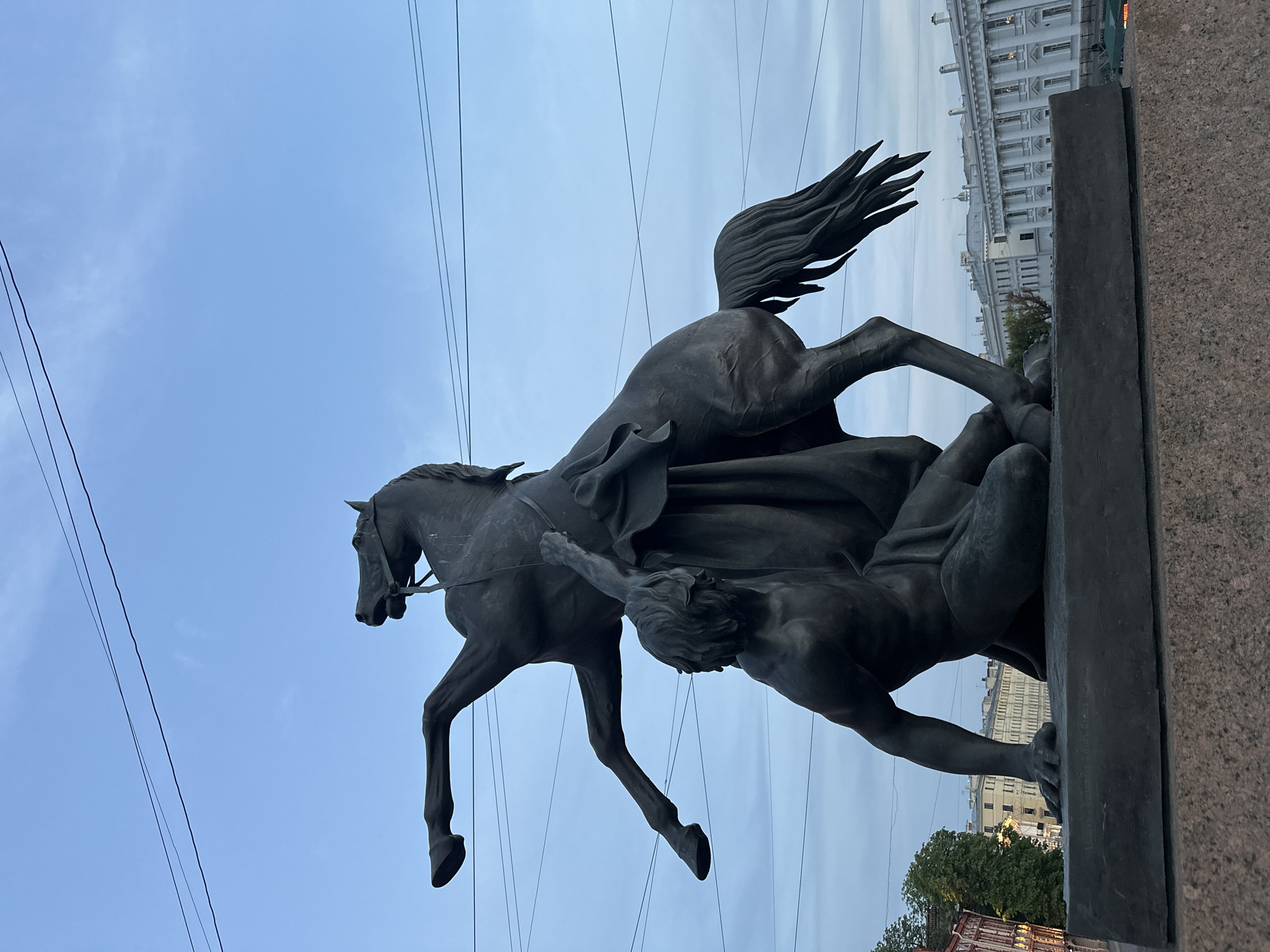 The image shows a bronze statue of a man wrestling a rearing horse, known as the Bronze Horseman, situated on Senate Square in Saint Petersburg, Russia. The statue is made of dark bronze and is mounted on a large granite pedestal. The horse is depicted with its front legs in the air, while the man, kneeling on one knee, is shown with his arm raised, appearing to be struggling with the animal. The sky behind the statue is a pale blue with some wispy clouds and overhead power lines are visible. In the background, a classical building with white columns and multiple windows can be seen, characteristic of Saint Petersburg's architecture. The lighting suggests it is either early morning or late evening, given the soft light and muted colors.