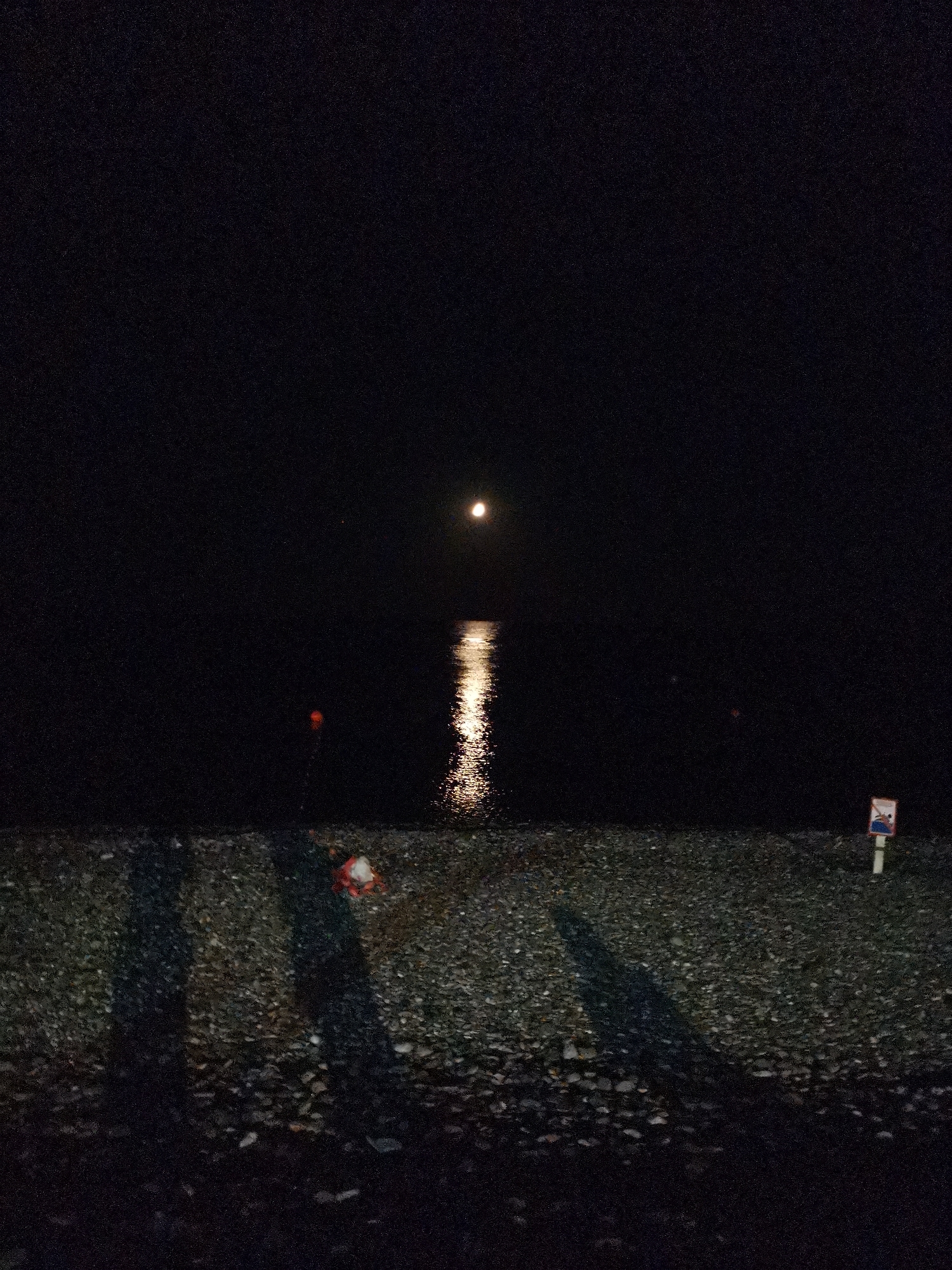 At night, the moon is visible in the dark sky, reflecting its light onto the calm water. The water's edge meets a stony beach. Shadows stretch across the beach from unseen objects. On the beach, there are several indistinct objects, including a red and white item that appears to be a piece of plastic debris. A sign with a red border and a symbol of a person in a boat with a line through it, indicating no boats, is planted in the ground near the edge of the water. The location is the embankment of the Sea of Azov in Sirius, Russia.
