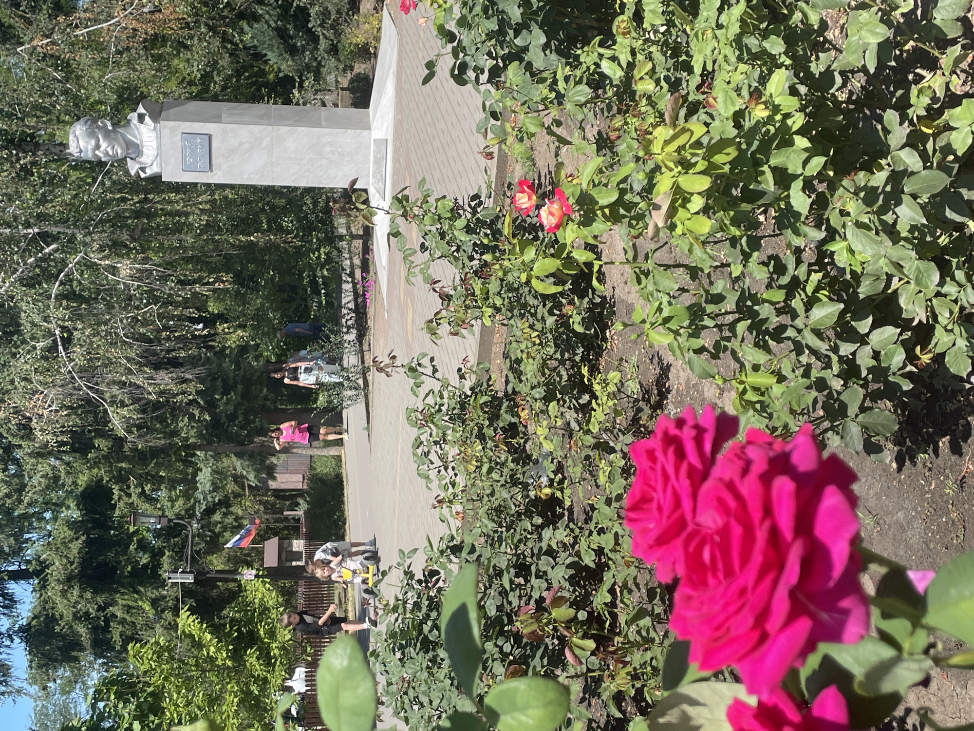 This is a photograph taken on a sunny day in a park in Azov, Russia, featuring a bust of a man on a pedestal. The bust is made of a metallic material and is positioned on a tall, grey, rectangular pedestal that has an inscription plate. The pedestal is situated on a paved area with a lighter-colored base. In the foreground, vibrant pink roses are in bloom, with some unfurled and others as buds. Behind the roses, green foliage forms a dense layer.
Further back, several people are visible. On the left, two young boys are near a small yellow pedal car. One boy is standing, wearing dark shorts and a black t-shirt, and the other, a younger child, is seated in the pedal car. To the right of the boys, a woman in a pink top and dark shorts is walking away from the camera. Another woman in a black top and light-colored pants is also walking. In the background, trees with lush green leaves create a shaded canopy over the park. A Russian flag is displayed on a flagpole, attached to a street lamp with a red lantern. The ground is a light-colored paving stone pattern.