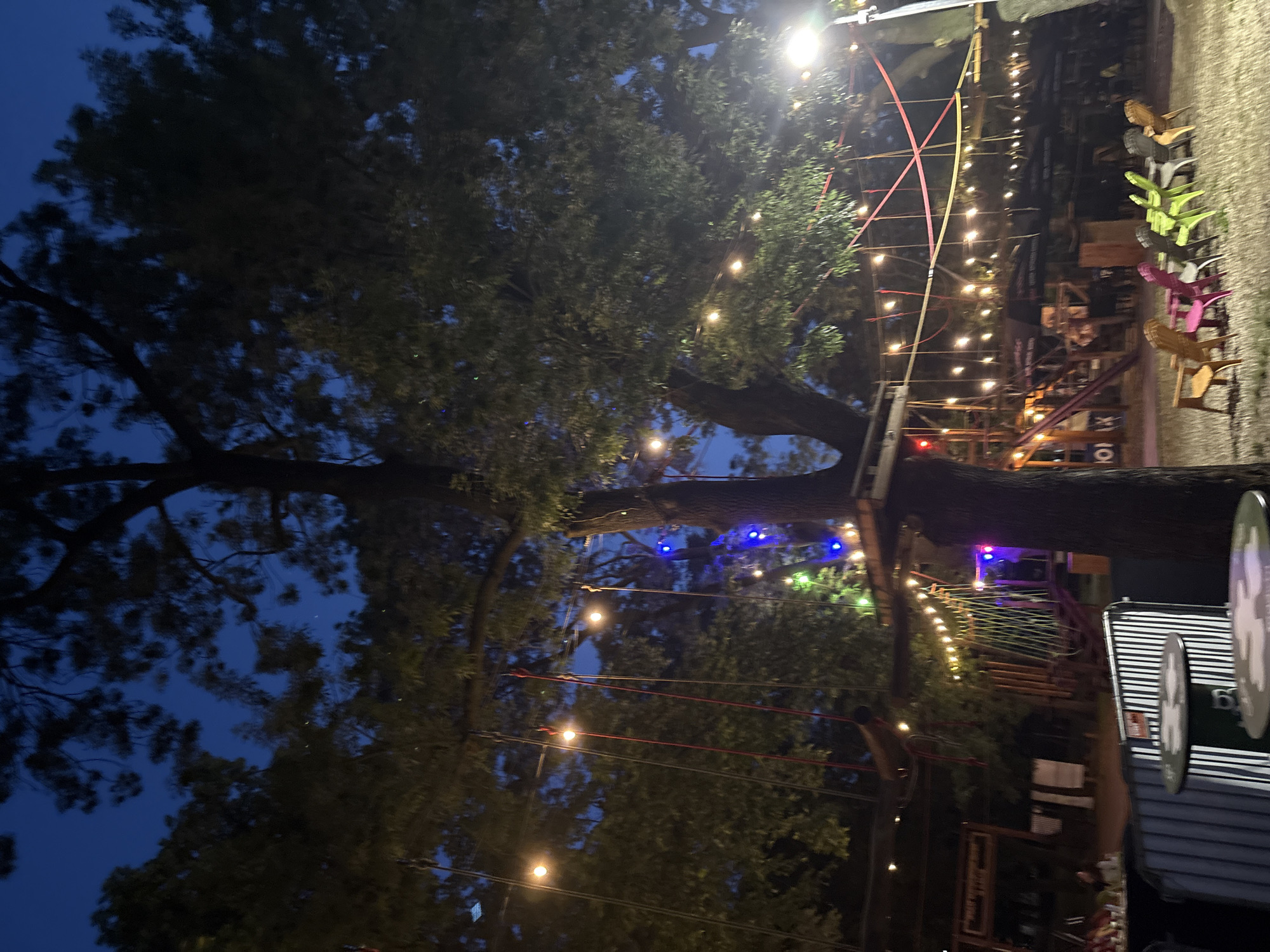 This nighttime outdoor scene depicts an adventure park located in Sofia, Bulgaria, likely Kokolandia in Borisova Gradina. The upper portion of the image is dominated by large, dense trees with dark foliage, silhouetted against a deep blue sky. Numerous string lights with warm, yellowish bulbs are suspended between the trees and various wooden structures, providing the primary illumination for the scene.
A multi-level rope and adventure course is integrated into the trees, featuring wooden platforms built around tree trunks. These platforms are connected by suspended rope bridges, netting, and various obstacles, including visible red and yellow straps or ropes. Sections of the course are also accented with blue and green lights.
At ground level, in the mid-right, a cluster of colorful Adirondack-style chairs is arranged on a patch of dry grass. The chairs are in shades of orange, pink, purple, lime green, white, and dark grey. In the left foreground, two circular tables with dark, possibly patterned, tops and metal bases are positioned next to a black and white striped metal barrier. Further in the background, various wooden structures, dark awnings or tents, and a sign are visible. Several indistinct human figures can be seen in the background, suggesting people are present within the park. A bright white floodlight or street light is positioned on the far right side of the image, illuminating the ground in that area.
