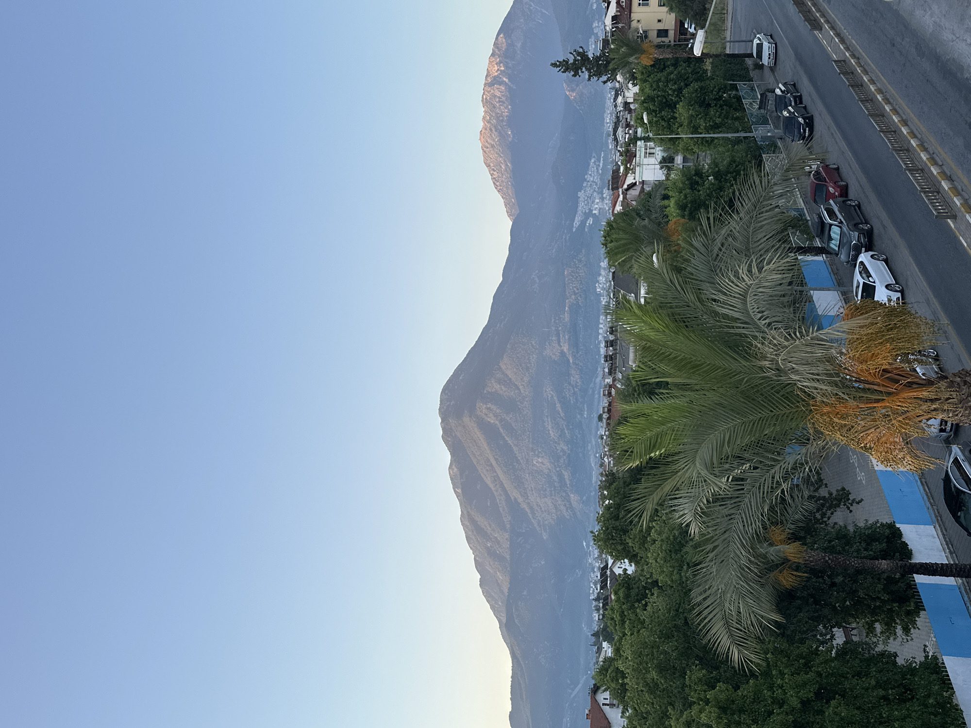 The image captures an elevated view of a city, likely Fethiye, Turkey, with a prominent mountain range in the background. The sky is a clear, pale blue, indicating it is either early morning or late afternoon. The foreground features a street lined with parked cars, including a white sedan, a grey SUV, a red hatchback, a black sedan, and a white sedan further down. Lush green trees and palm trees are scattered throughout the scene, interspersed with residential buildings and some commercial structures. The mountains in the distance are bathed in a warm, soft light, suggesting the sun is low on the horizon. The overall impression is one of a tranquil urban environment nestled against a majestic natural landscape.