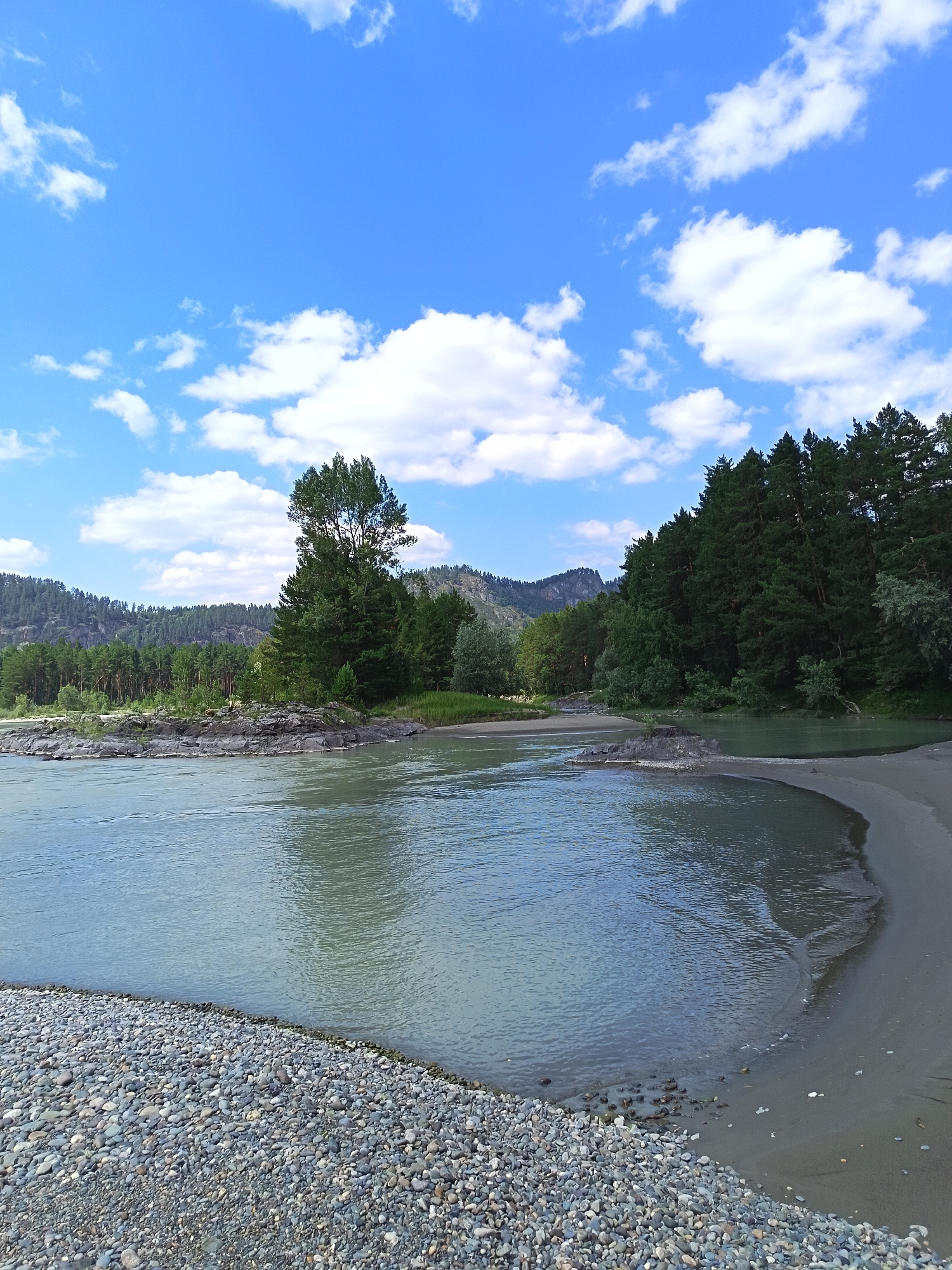 The image depicts a serene natural landscape, likely a riverbank in a rural or wilderness area. In the foreground, a textured riverbank composed of numerous grey and brown pebbles slopes down to meet the calm, pale green water of a river. The river curves gently from the right foreground towards the left middle ground. Across the river, a rocky outcrop is visible, covered with sparse vegetation and small trees. Further back, a dense forest of dark green coniferous trees covers rolling hills, with a prominent, tall, solitary green tree standing out on the left side of the riverbank. The background features more distant, hazy mountains. The sky above is a vibrant, clear blue, dotted with scattered white, fluffy clouds. The overall impression is one of tranquility and natural beauty, with no people or man-made structures visible. The location is stated as Nizhnekajancha, Russia.