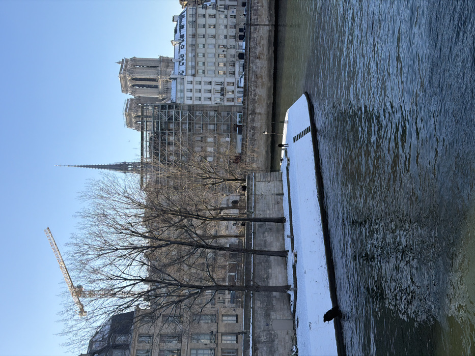 An outdoor wide shot depicts a snowy winter scene along the Seine River in Paris, France, with Notre-Dame Cathedral prominently featured in the background. The sky is clear and bright blue, suggesting a sunny day with cold temperatures.
In the mid-ground, the two primary western towers of Notre-Dame Cathedral are visible, with extensive scaffolding surrounding a significant portion of the main structure and the spire, indicating ongoing reconstruction. Adjacent to the cathedral, a building is also covered in scaffolding, and typical Parisian apartment buildings with light snow on their rooftops line the riverbank. A large yellow construction crane extends upwards in the upper left quadrant of the frame, towering over other structures.
The foreground is dominated by the dark, rippling water of the Seine River. On the left, a snow-covered, triangular spit of land extends into the river. A set of stone steps descends towards the water from this snowy bank on the right side. A lone, dark-clad individual stands near the edge of this snow-covered bank, facing the water. To the far left on this lower bank, a dark, irregularly shaped object, possibly a log or debris, is visible at the water's edge.
Above the snow-covered bank, an elevated stone quay runs parallel to the river, lined by several bare deciduous trees. Multiple indistinct figures are present on this upper quay walkway. The overall scene conveys a cold, clear day with construction activity evident near a historic landmark.