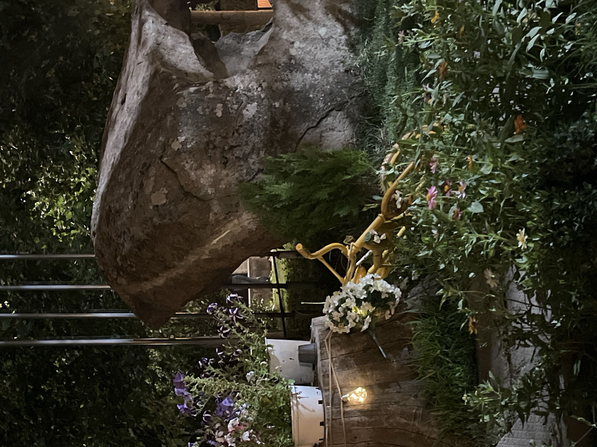 The image shows a dimly lit outdoor scene in Gladzor, Armenia, likely a garden or park area, at night. The foreground is filled with lush green grass and a variety of flowering plants, some with pink and yellow blossoms. A large, rough-textured boulder dominates the mid-ground, casting a shadow. To the left of the boulder, a weathered wooden stump serves as a pedestal for two white pots containing purple and white flowers. A string with a single illuminated light bulb is draped across the stump. In front of the stump and slightly to the right, a yellow metal bicycle is laid on its side amidst the greenery, adorned with a bouquet of white flowers on its handlebars. A small, dense green shrub is positioned to the left of the boulder. In the background, vertical metal poles are visible, partially obscured by foliage. The overall impression is one of a tranquil, possibly artistic, display.