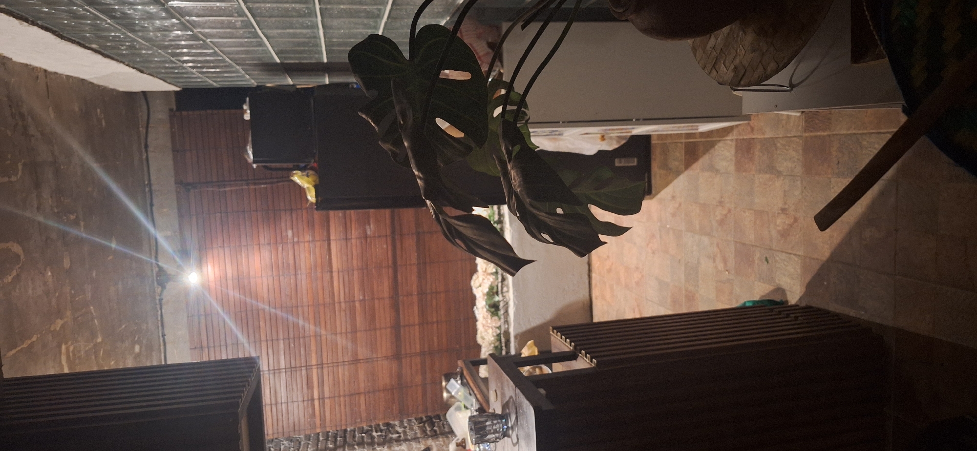 This is a low-light, indoor photograph of what appears to be a covered outdoor patio or balcony area. In the foreground, a large, dark-leafed plant with characteristic split leaves, likely a Monstera, dominates the right side of the frame. Behind the plant, a white cabinet or refrigerator is visible. To the left, a dark wooden table with a glass on it is partially visible. Beyond the table, there is a wall covered with horizontal wooden blinds. Further back, a dark refrigerator or speaker cabinet is present. The floor is tiled with square, earth-toned tiles. The ceiling is rough concrete, with exposed conduits and a bright overhead light fixture that casts lens flare across the image. The background includes a wall constructed of clear glass blocks. The scene suggests an informal, possibly residential or commercial space in Kuta Selatan, Indonesia.