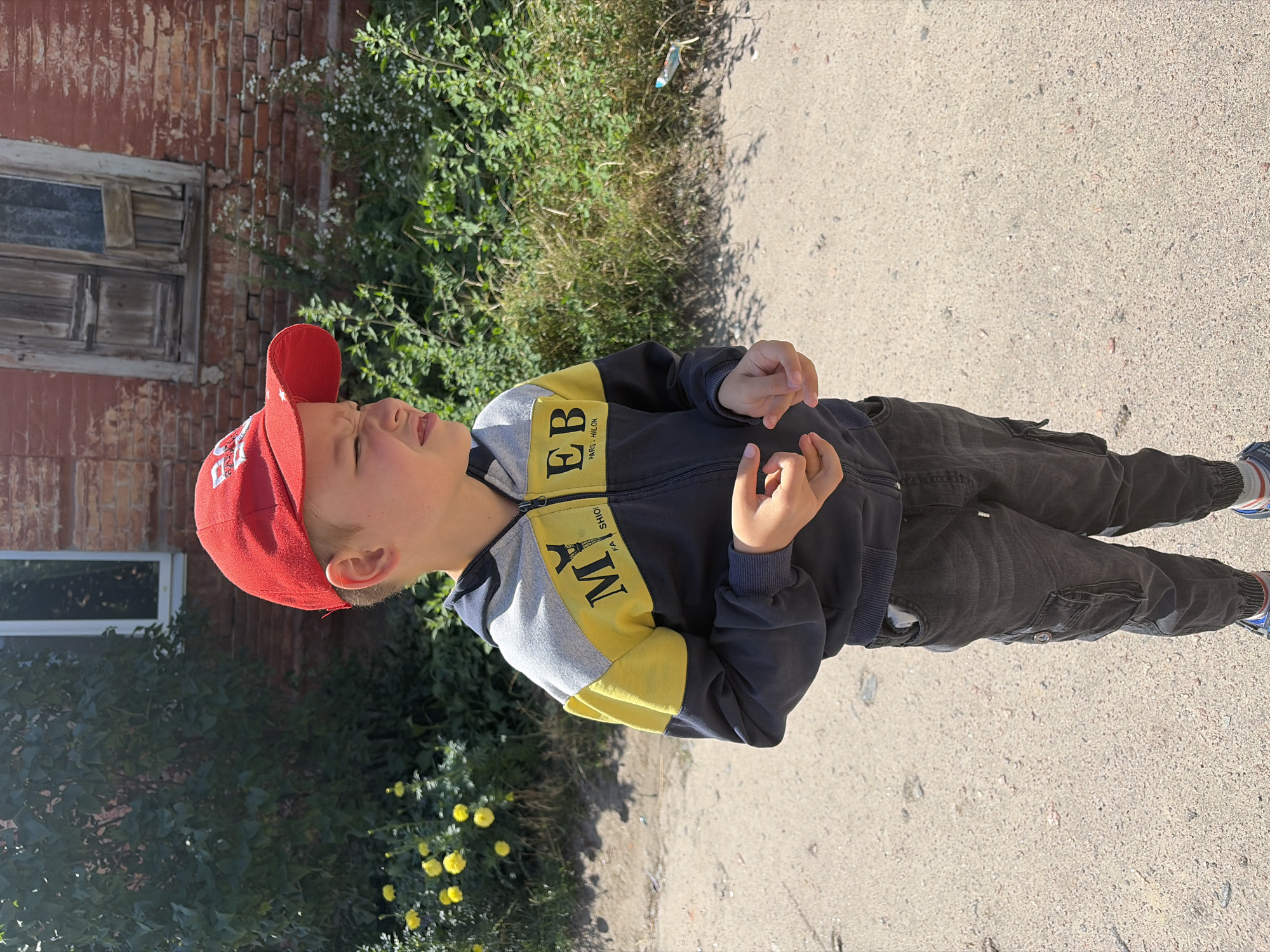 A young boy wearing a red cap and a dark blue, gray, and yellow zip-up hoodie stands on a dirt path. He is wearing dark gray cargo pants and blue and white sneakers. The boy is looking to his right, with his mouth slightly open. Behind him is a brick building with a wooden door and window, and lush green foliage with yellow flowers. Sunlight casts shadows on the ground.