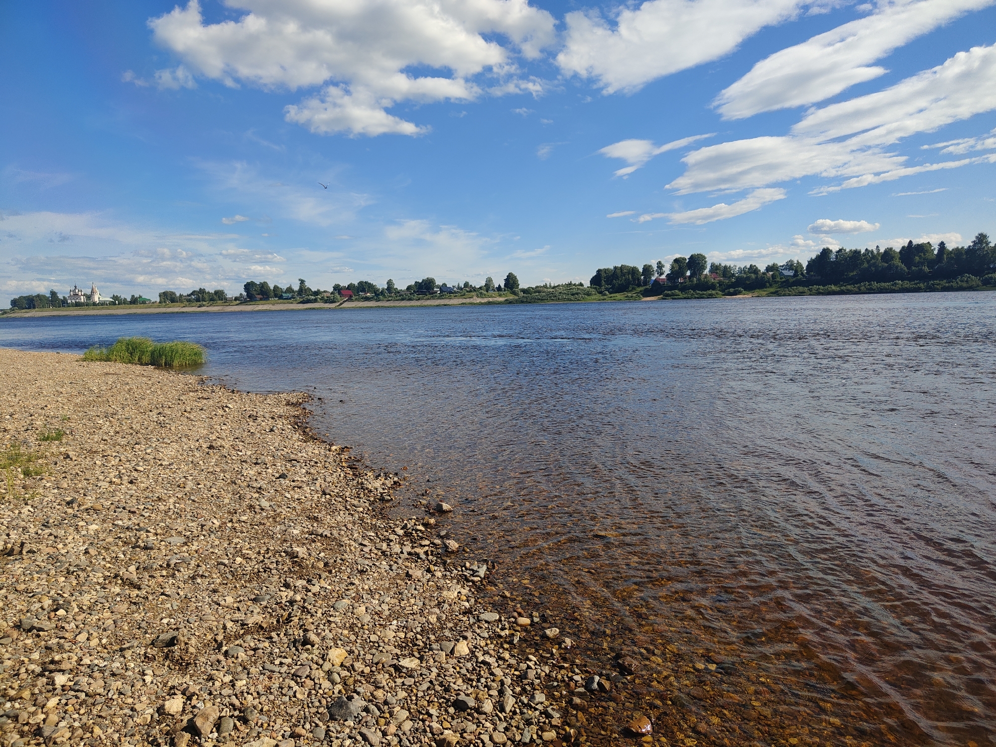 This media file depicts a scenic landscape along the bank of a wide river. The foreground is dominated by a stony, pebbled shore, with scattered patches of green grass growing near the water's edge. The river itself is calm and a deep blue, reflecting the sky above. The water is clear enough to reveal the submerged stones and pebbles beneath its surface.
In the distance, across the river, is a lush green shoreline lined with trees. Several buildings, including what appears to be a white church with a steeple and other houses with red roofs, are visible nestled amongst the trees, suggesting a settlement. The sky is a vibrant blue with scattered white, fluffy clouds, indicative of fair weather. A single bird is captured in flight against the expansive sky.
The scene conveys a sense of tranquility and natural beauty. The lighting suggests it is daytime, likely late morning or afternoon, given the bright sunlight illuminating the landscape. The presence of the river and the distant settlement hints at a location in a populated, yet natural, area, consistent with the provided location context of Velikiy Ustyug, Russia. There is no visible text in the image.