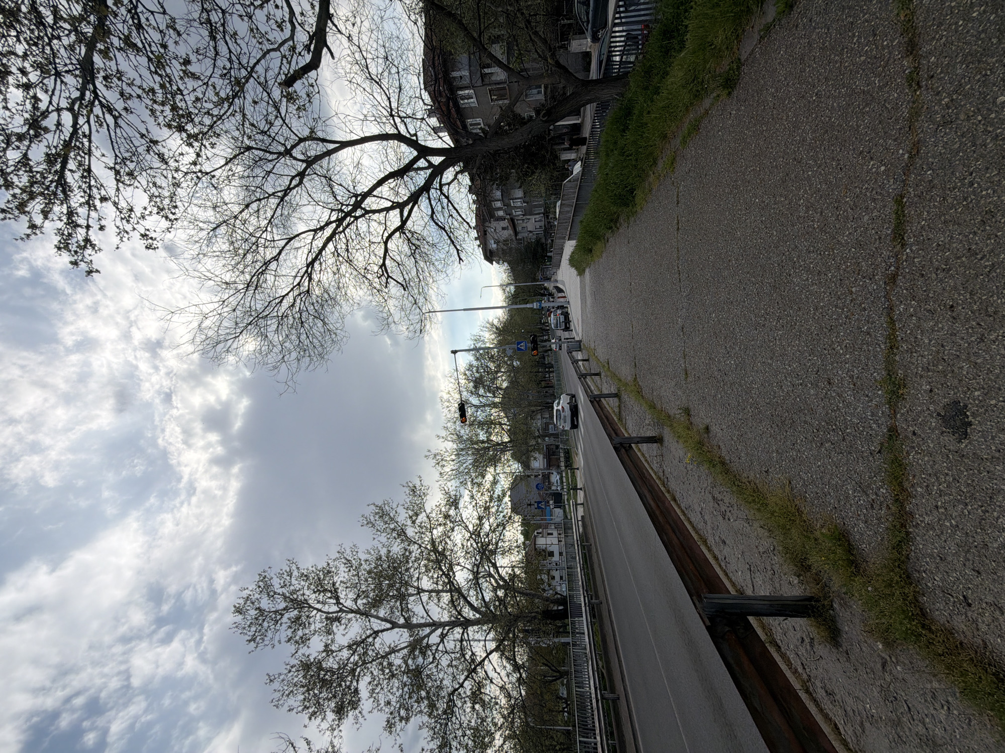 This outdoor scene, likely captured in Plovdiv, Bulgaria, depicts a cloudy urban street on what appears to be an early spring day, given the mix of bare and budding trees.
The image is oriented vertically (originally rotated 90 degrees clockwise). When viewed correctly, a paved sidewalk or path runs along the right side of the frame, with patches of green grass growing in cracks and along its edge. A rustic guardrail, consisting of dark wooden posts and horizontal metal bars, separates this path from a two-lane road.
On the road, a white car is visible, and other vehicles can be faintly seen further down. A traffic light, displaying a yellow or orange signal, hangs above the road, indicating a controlled intersection ahead. Streetlights and overhead power lines are also present.
The left side of the road is lined with more trees, some still largely bare-branched, while others show early signs of budding leaves. Behind these trees, older, multi-story buildings with visible windows and balconies line the street, hinting at a residential or mixed-use urban area. The architecture appears typical of older European cities.
The sky is predominantly cloudy, with patches of brighter light breaking through, suggesting an overcast day rather than direct sunshine. No people are visibly engaged in activity, but the presence of cars and traffic infrastructure points to a lively urban environment.
A notable detail is a blue square sign with a white pedestrian crossing symbol, indicating a crossing point for pedestrians. The overall impression is that of a quiet moment in a bustling city.