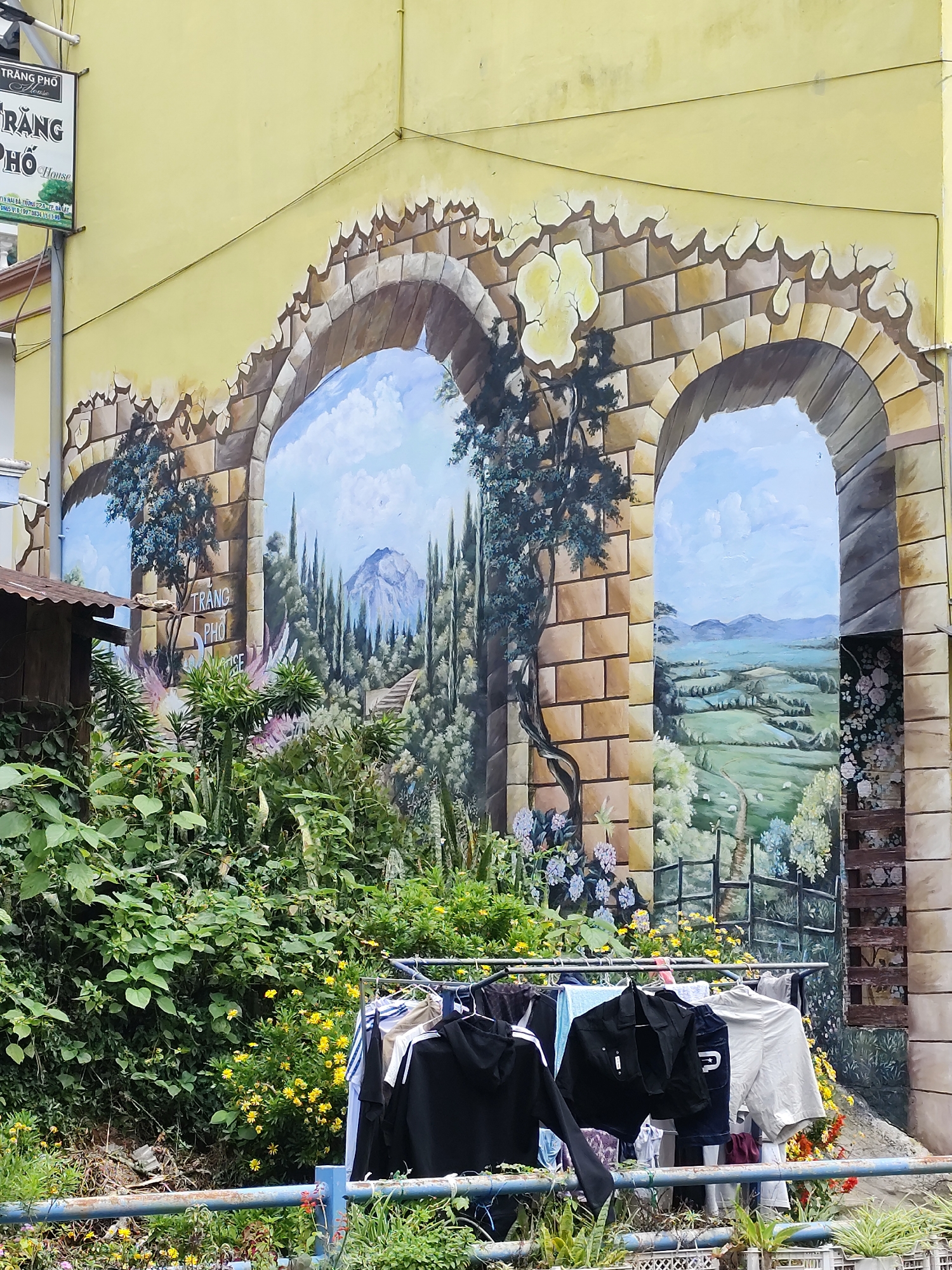 The image captures a section of a yellow building in Da Lat, Vietnam, adorned with a large, colorful mural. The mural depicts two arched openings that frame idyllic landscape scenes. The left arch reveals a mountainous terrain with cypress trees and a winding path, while the right arch showcases rolling green hills dotted with sheep and a distant mountain range under a cloudy sky. The arches themselves are painted to resemble weathered stone blocks.
In the foreground, lush green foliage and yellow wildflowers grow abundantly. A clothesline stretches across the lower part of the frame, hung with a variety of garments, including shirts, shorts, and a jacket, suggesting everyday life unfolding against the backdrop of the artistic mural. A rusty blue metal fence runs along the bottom of the image, separating the vegetation and clothesline from the viewer. To the left, a small, weathered wooden structure with a corrugated metal roof is partially visible, hinting at a rustic or utilitarian space adjacent to the painted wall. A sign with Vietnamese text, "TRANG PHO House," is also visible on the upper left side of the building. The overall impression is a vibrant blend of art, nature, and domesticity in a Vietnamese city.