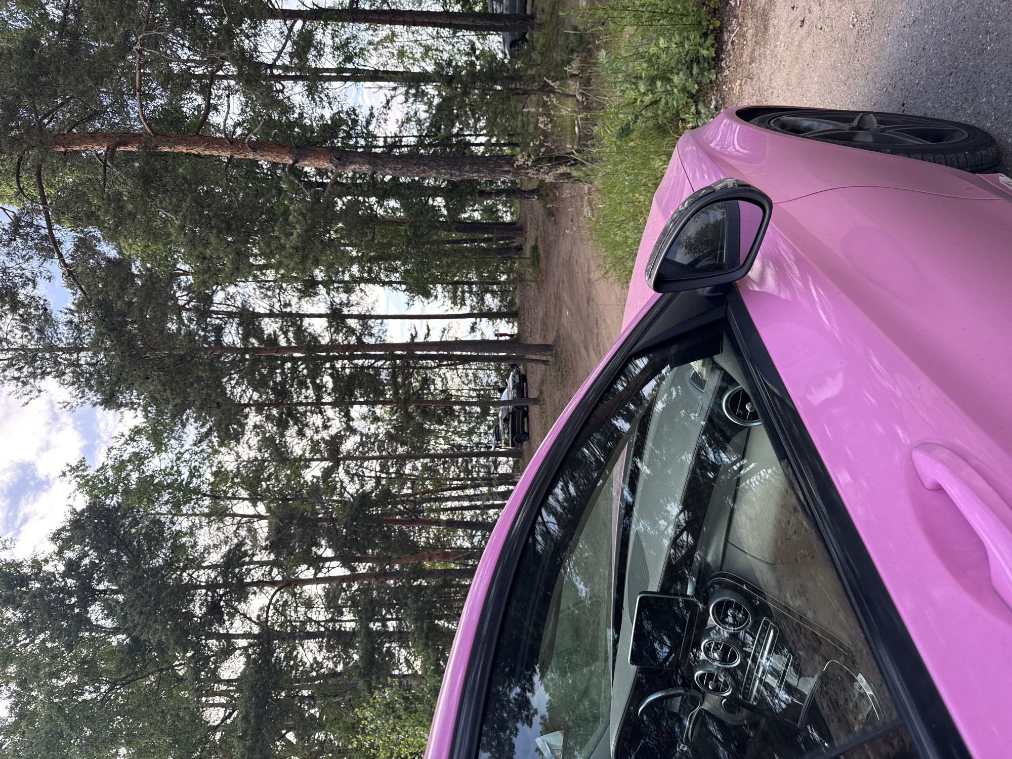 A bright pink Mercedes-Benz C-Class is parked on a dirt road in a wooded area. The car is viewed from the passenger side, with the interior visible through the open door and window. The dashboard features a digital display and climate controls. In the background, several other vehicles are parked among tall pine trees. A body of water is visible in the distance. The scene appears to be a scenic overlook or a picnic spot. The location is identified as Bolshaya Izhora, Russia.