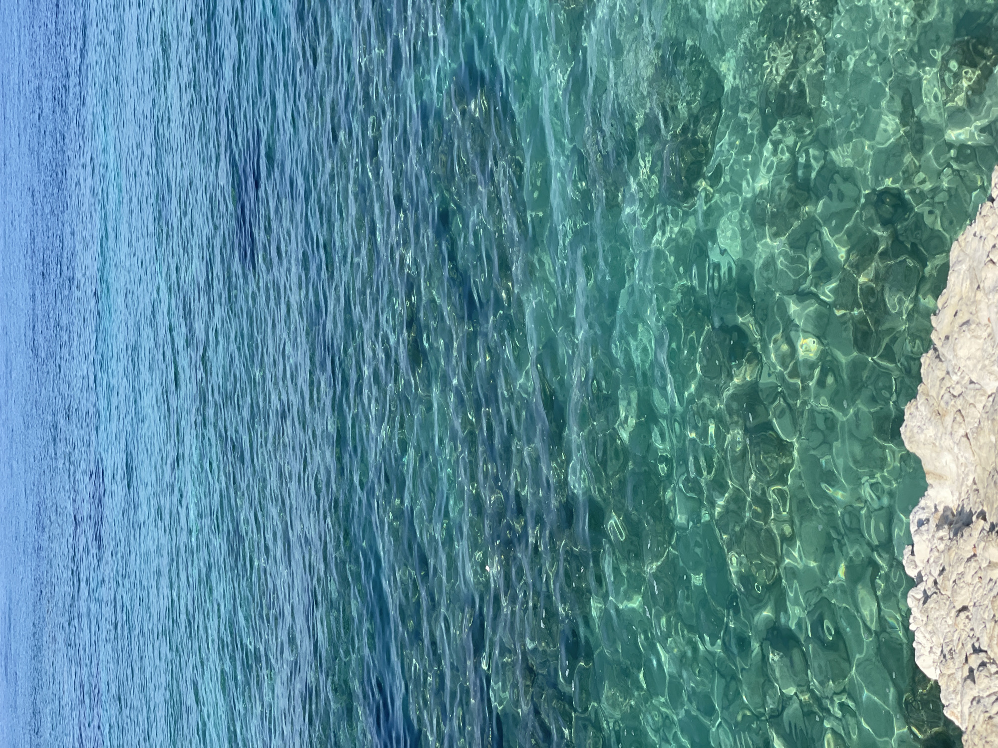 The image depicts a clear, turquoise sea with visible rocks on the seabed. The water is calm, with gentle ripples on the surface. In the foreground, a rocky shore is visible. The scene appears to be a coastal area in Peyia, Cyprus, a location known for its clear waters and rocky coastlines. No people or specific objects are prominently featured, and no actions or interactions are taking place. The environment is a natural seascape under daylight.