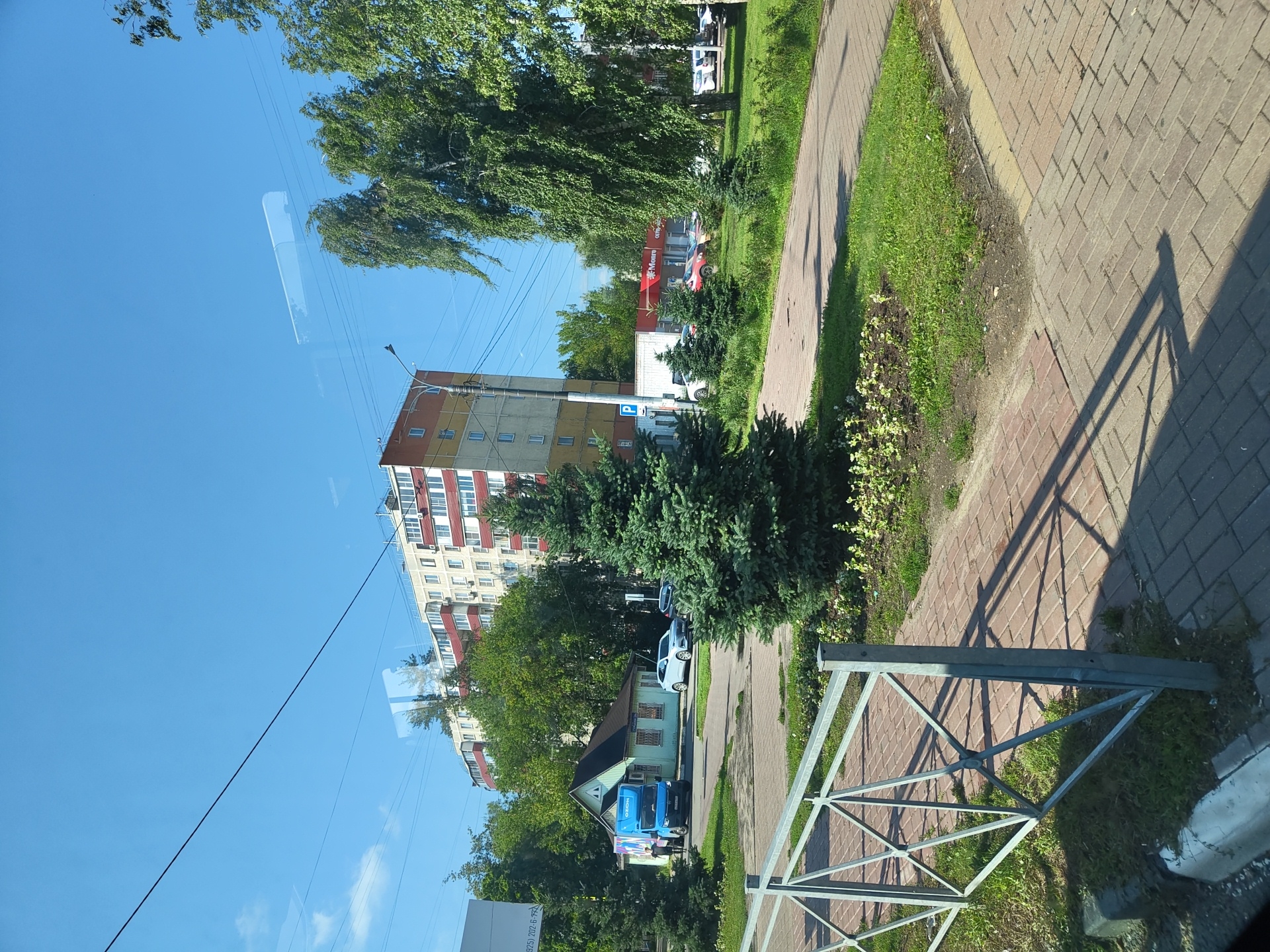 The image depicts a street scene in Ramenskoye, Russia, on a clear, sunny day. In the foreground, a metal fence with a geometric pattern lines a brick-paved walkway. Beyond the fence, a small, light-green building with a dark roof is situated next to a blue delivery van bearing the "OZON" logo. A person stands beside the van. Several evergreen trees are scattered throughout the scene, with a prominent spruce tree in the middle ground. Behind these elements, a multi-story apartment building with yellow and red accents rises, and further back, more trees and other buildings are visible. The sky is a bright, cloudless blue, with visible power lines crisscrossing the frame. The overall impression is one of a typical urban residential area on a pleasant day.