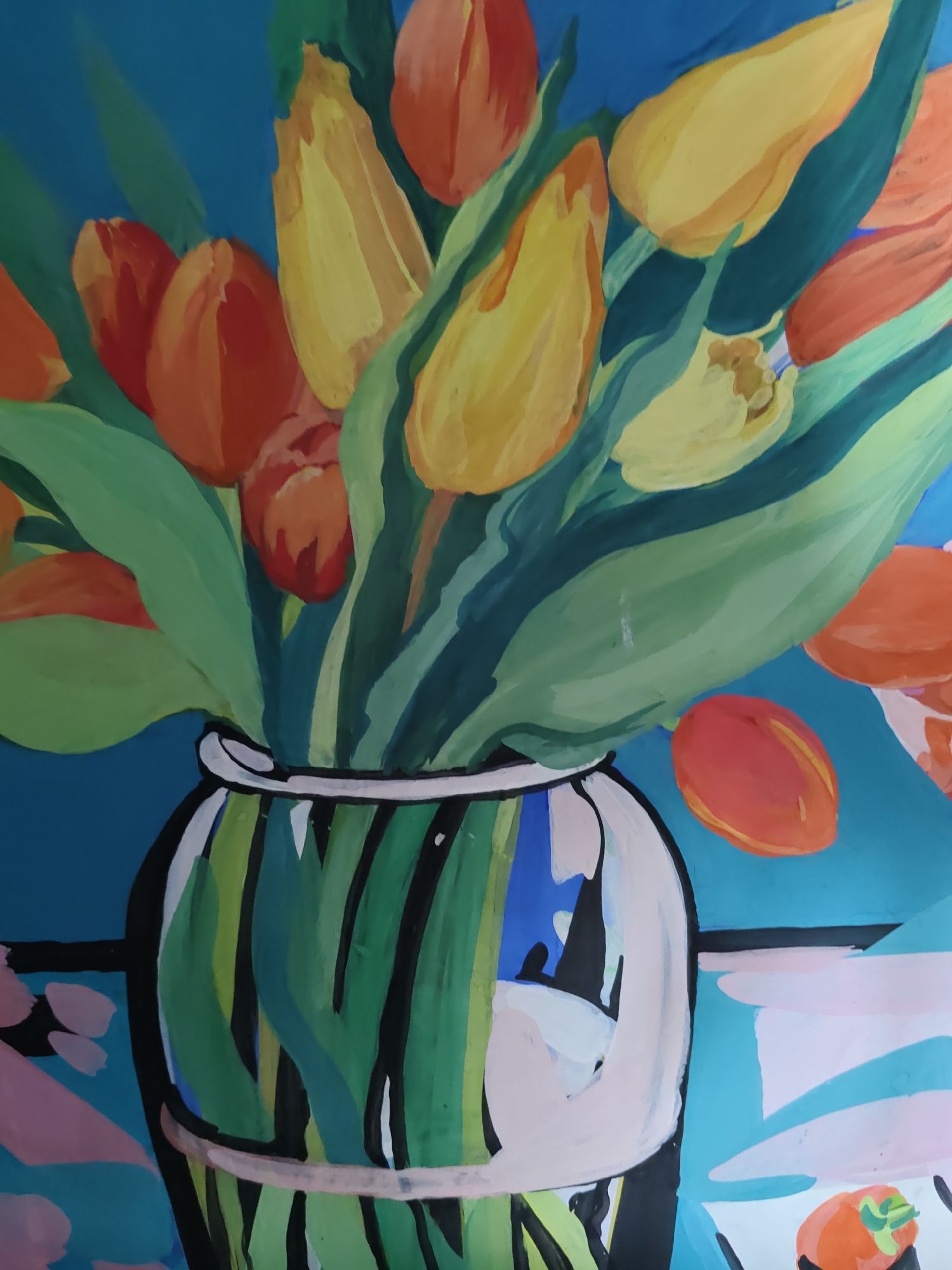 The image is an abstract painting of a bouquet of tulips in a glass vase against a bright blue background. The tulips are depicted in shades of orange and yellow, with vibrant green leaves. The glass vase has a striped pattern in green and black, with some areas reflecting light. The painting utilizes bold brushstrokes and a simplified style. The scene does not depict any specific location in Rostov-on-Don, Russia, as it is an artistic representation rather than a photograph.