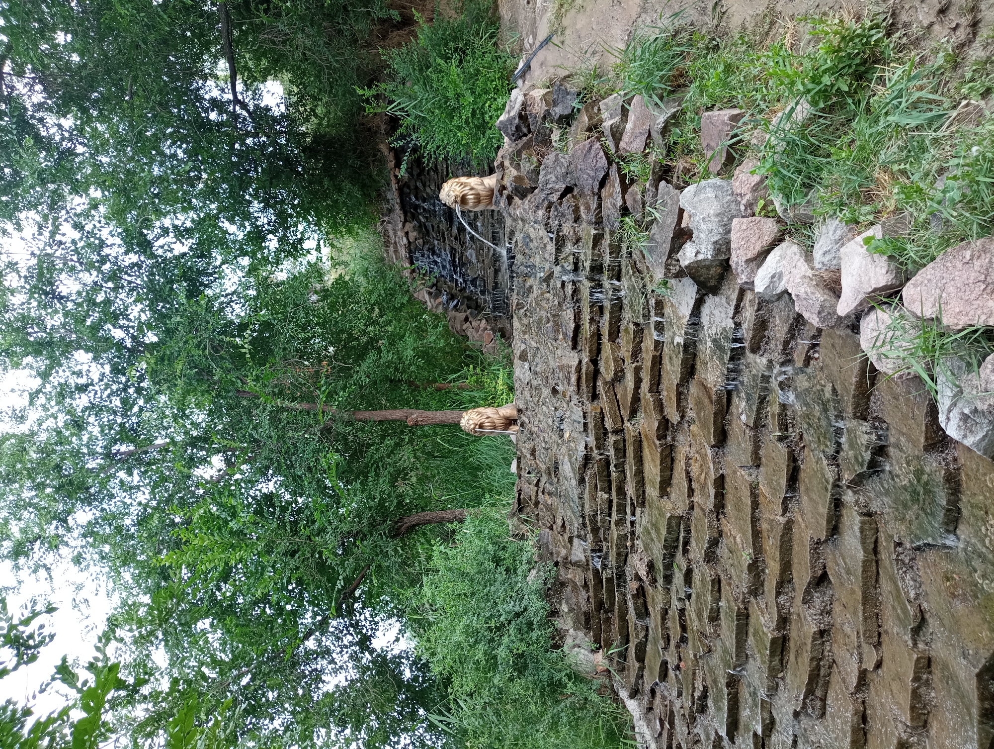 The image displays a section of a rock waterfall with two lion head spouts. The waterfall is constructed from rough, uneven stones, creating a textured surface down which water flows. Green foliage, including trees and grass, surrounds the waterfall, suggesting an outdoor setting. In the background, more trees and greenery are visible. The lighting suggests it is daytime. The scene is serene, with the sound of running water implied. There is no visible text. The location is specified as Shymkent, Kazakhstan.
