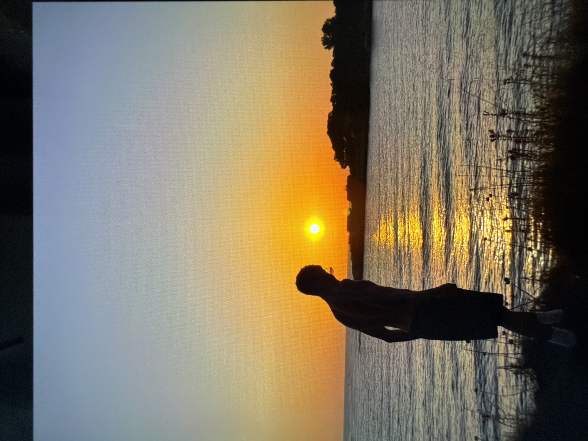 The image captures a serene sunset scene over a body of water in Razlog, Bulgaria. The central subject is a silhouetted individual, appearing to be a young male, standing shirtless in shorts on the near bank. He is positioned facing the vibrant setting sun, his head slightly raised as if observing the spectacle.
The sky is awash with the warm hues of dusk, transitioning from a bright orange and yellow directly around the sun to a softer, lighter shade, eventually fading into a pale blue-grey at the upper left. The sun itself is a brilliant, distinct yellow-orange orb, low on the horizon. Its golden light stretches across the water's surface, creating a dazzling, rippled reflection that extends towards the viewer.
Across the water, a dark, silhouetted tree line or distant land mass defines the far horizon, contrasting sharply with the bright sky and water reflections. On the immediate right side of the frame, dark silhouettes of tall grasses or reeds frame the foreground, partially obscuring the water's edge. The overall atmosphere is peaceful and contemplative, indicative of a clear, calm evening. There is no visible text in the image.
