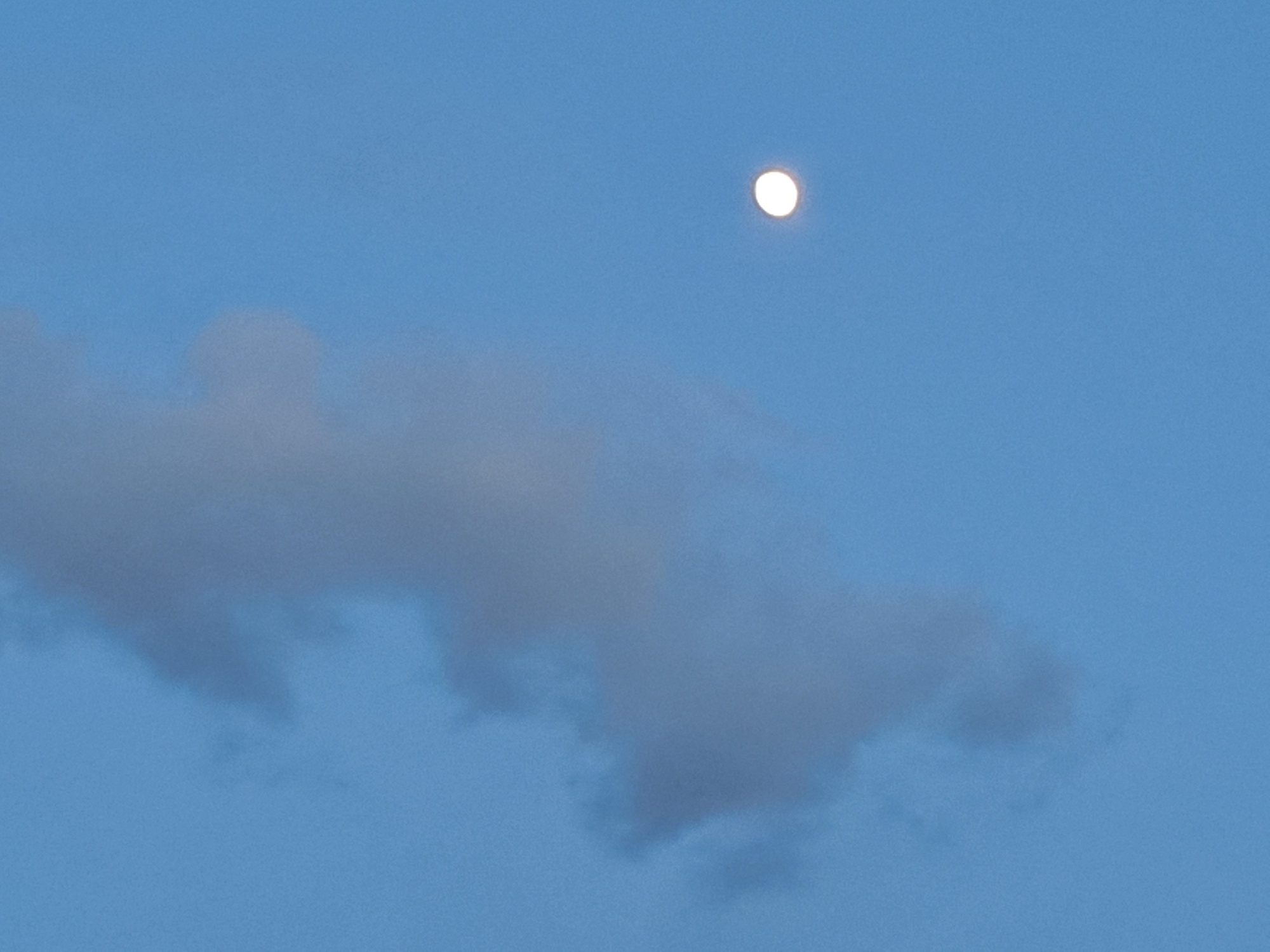 The image displays a serene sky scene, likely captured during the twilight hours of either dawn or dusk. The sky is a clear, light blue hue, indicating it's not full daylight or deep night.
The primary subject is a bright, full, or near-full moon, appearing as a distinct white circle in the upper right portion of the frame. Below the moon, stretching across the middle and lower-middle sections of the sky, is a single, elongated, and somewhat wispy cloud. This cloud is lighter in color, appearing almost translucent in parts, with some darker, more opaque areas within it, particularly towards its top edge. The lower-left portion of the cloud tapers off, becoming more diffuse.
There are no people or man-made objects visible in the frame. The scene is static, depicting the natural elements of the sky. The overall impression is one of tranquility and calm. No text is visible in the image. While the provided context suggests the location is Полянки, Russia, there are no specific visual cues within the image itself to confirm this geographical detail.
