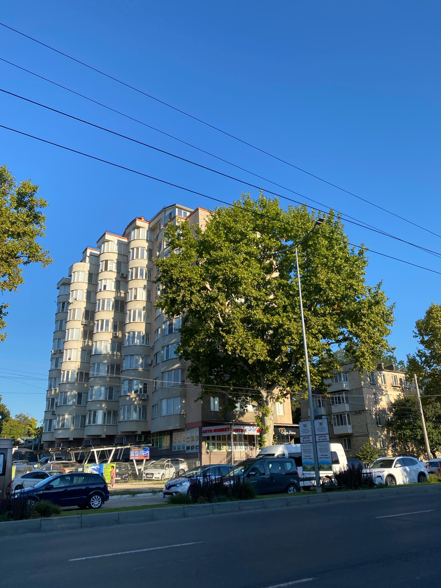 The image depicts a sunny day in Chișinău, Moldova, with a clear blue sky dominating the upper portion. Power lines are strung across the sky, and lush green trees with large leaves flank the scene. A prominent, curved apartment building with multiple floors and numerous windows stands in the center. The building's facade is light-colored, and the windows are framed in white.
In front of the apartment building, a street runs horizontally across the foreground. Several cars are parked along the street, including a dark blue hatchback, a silver sedan, and a white SUV. Some of the cars are parked in what appears to be a designated parking area, possibly in front of shops at the base of the apartment building. Signs are visible on some of the shops, including one that says "AUTO MARKET" and another with "Coffee Home".
Further down the street, another apartment building with a more traditional brick facade is visible, along with more trees. The overall impression is of a typical urban residential and commercial area on a bright, clear day.