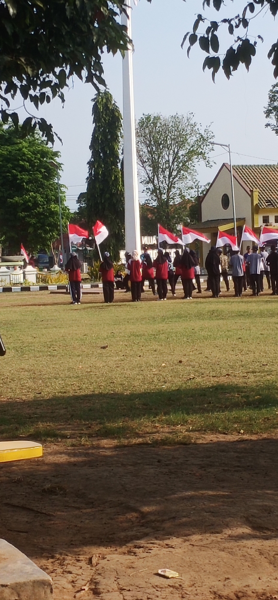 The image depicts an outdoor scene, likely in the city of Probolinggo, Indonesia, on a grassy field with a flagpole prominently featured. A group of individuals, predominantly young people wearing maroon shirts and some with headscarves, are standing in formation, holding Indonesian flags. These flags are red and white, consistent with the national flag of Indonesia. The background includes trees, a building with a tiled roof, and a clear sky. The individuals appear to be participating in some form of ceremony or parade, possibly a flag-raising or a march. The ground is covered in green grass, with some dirt patches and shadows indicating a sunny day. The overall impression is one of a community event or school activity.