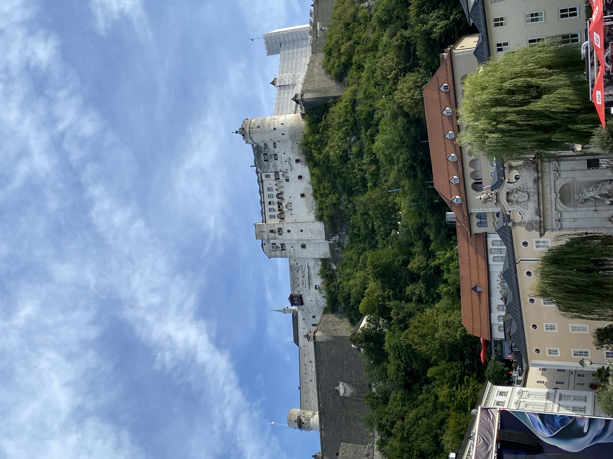 The image shows a wide view of the Hohensalzburg Fortress, perched atop a hill in Salzburg, Austria. The fortress is a massive white structure with multiple towers and ramparts, and parts of it are covered in scaffolding, suggesting ongoing renovation or preservation work. The hill is covered in dense green trees, creating a stark contrast with the pale stone of the fortress.
In the foreground, there are several buildings that appear to be part of the city of Salzburg. These buildings have red-tiled roofs and light-colored facades, with many windows visible. One building features a decorative stone facade with a fountain or sculpture. A large weeping willow tree stands prominently in the foreground, its branches cascading downwards. There are also some red umbrellas visible, likely from outdoor seating at a cafe or restaurant. The sky above is a bright blue with scattered white clouds. The image captures a scenic view of a historic landmark integrated into an urban environment.
