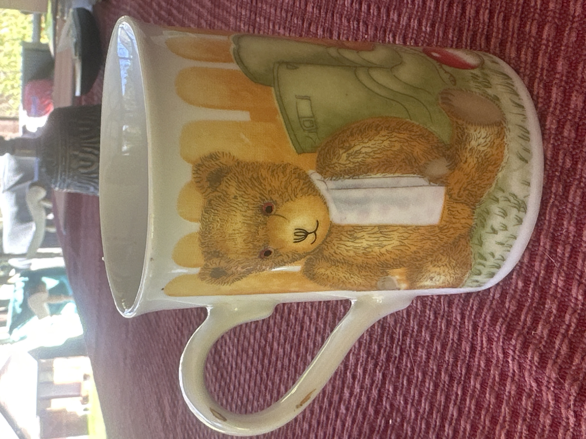 A white ceramic mug with a handle is placed on a red textured surface. The mug features a depiction of a brown teddy bear wearing a white scarf. Behind the teddy bear are green rain boots and an orange background with vertical yellow lines. The scene is outdoors, with blurred background elements suggesting a backyard setting with buildings and greenery. The lighting indicates it is daytime, possibly sunny. The overall impression is a casual, domestic scene. The location is Thora, Australia.
