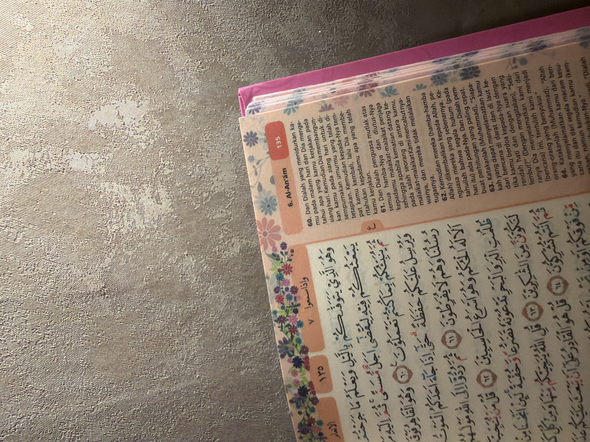 The image shows an open book with Arabic script and Indonesian text, likely a translation of the Quran. The book has a pink cover and a floral design along the edges of the pages. The text is arranged in columns with corresponding Arabic and Indonesian text on each page. The book is resting on a textured, light-colored surface. The setting appears to be indoors. There is no indication of a specific location within East Jakarta, Indonesia, or any people or interactions visible in the image.