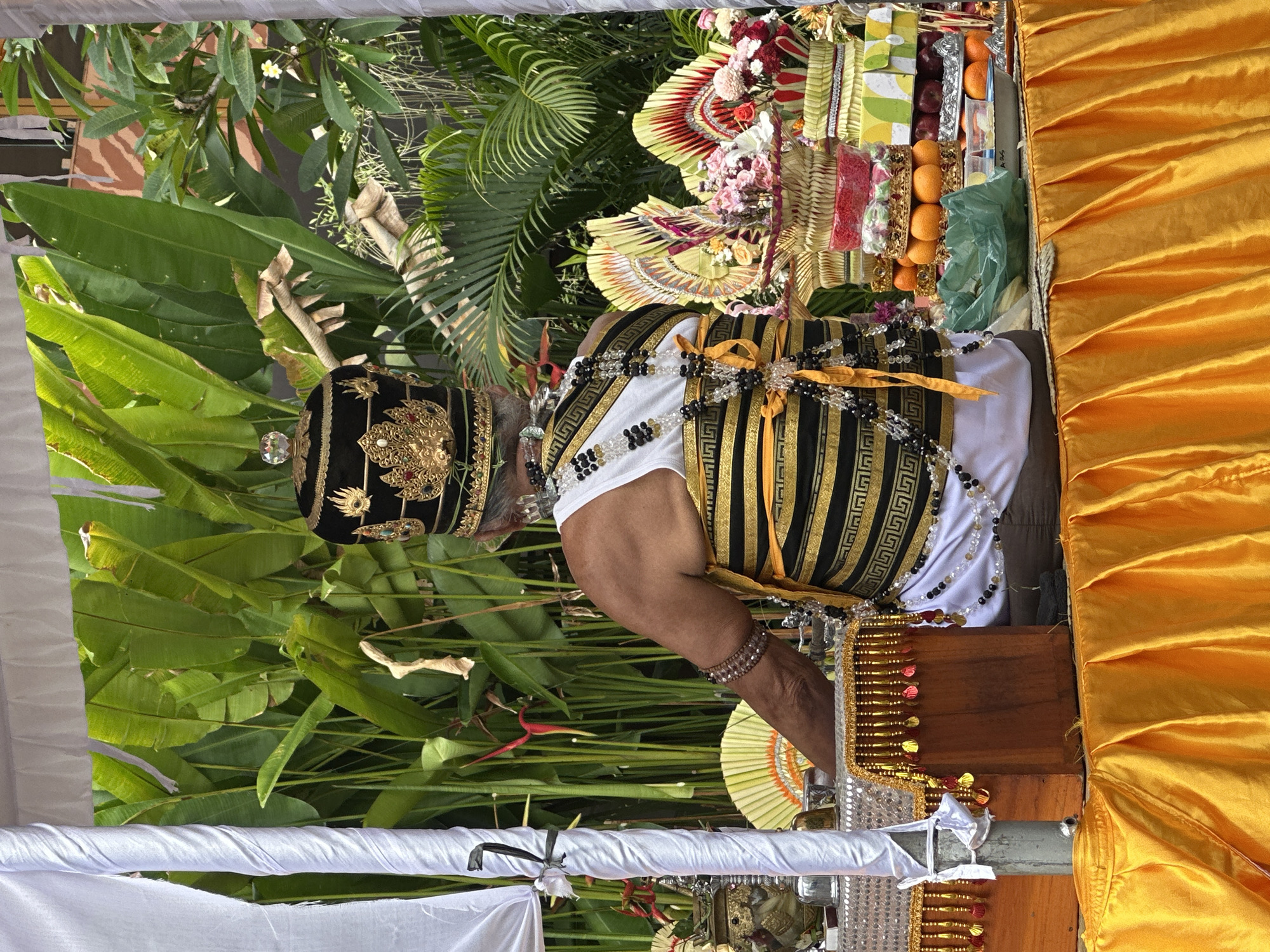 The image depicts a person in traditional Balinese attire, including a black and gold headdress, a black and gold striped vest, and beaded necklaces. The person is standing behind a table covered with offerings, including fruit, flowers, and other decorative items. The table is draped with a yellow cloth. Lush green foliage serves as the backdrop. The location is Mengwi, Indonesia.
