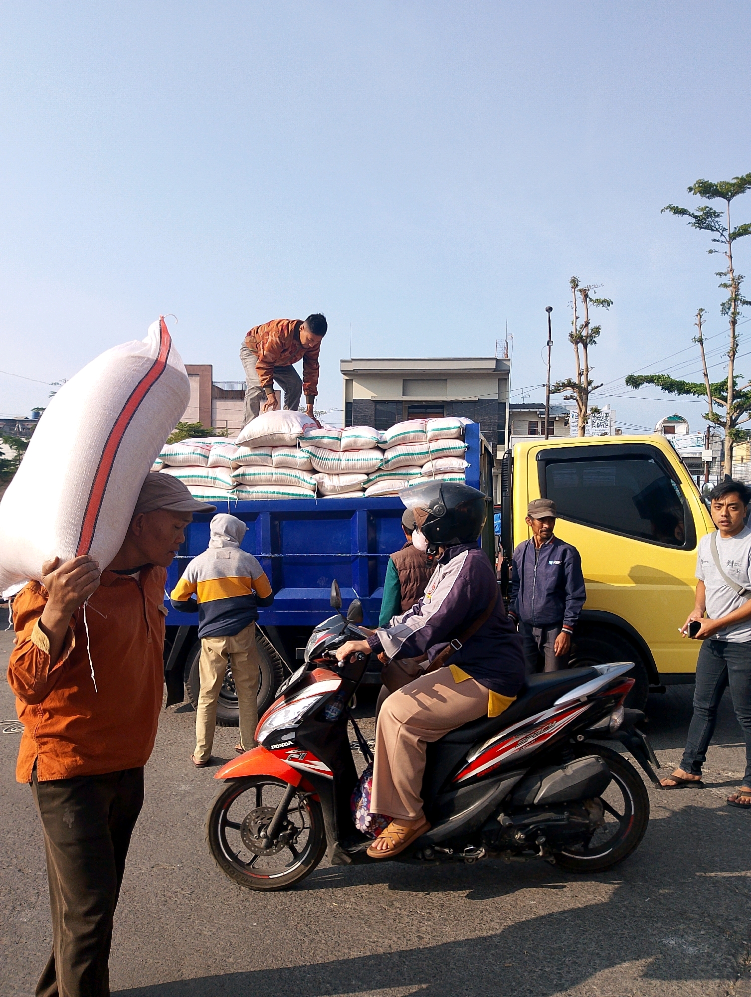 In Lembang, Indonesia, on a paved road under a clear blue sky, a scene of commerce and transport unfolds. A man in an orange shirt and a cap carries a large white sack of goods over his left shoulder, walking from left to right. Behind him, a blue flatbed truck is loaded with stacked sacks, similar to the one being carried. A man in a checkered shirt stands on the back of the truck, appearing to adjust or secure the cargo.
To the right of the truck, a yellow truck cab is visible. A man wearing a dark blue jacket and a cap stands beside it, looking towards the left. In the foreground, a woman wearing a helmet and a purple and white jacket rides a red and black motorcycle, facing towards the right. Her legs are clad in tan trousers, and she wears brown sandals. Another person is partially visible behind her, seated on the motorcycle. A man in a gray t-shirt and dark pants stands to the right of the yellow truck, holding a smartphone in his right hand. The environment suggests a bright, sunny day, with shadows cast on the road, indicating midday. Trees and buildings form the background, hinting at an urban or semi-urban setting.