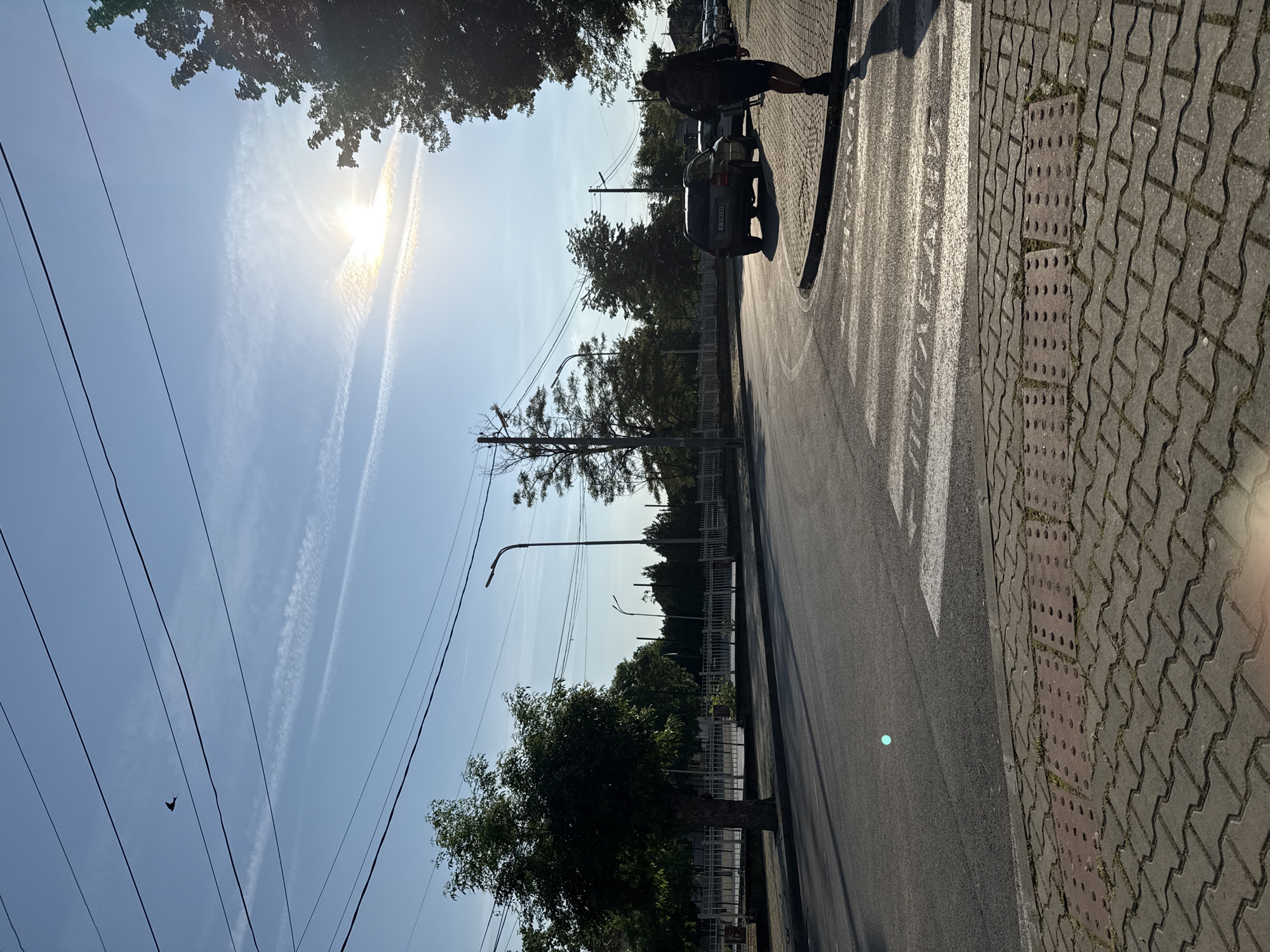 The image depicts a street scene in Elhovo, Bulgaria. The viewpoint is from the side of the road, looking along the street. The sky is blue with visible contrails and the sun is bright. Power lines stretch across the upper left part of the sky.
On the right side of the road is a sidewalk paved with grey and red interlocking pavers. A pedestrian with a backpack is standing next to a grey SUV parked along the edge of the road. There are trees lining the street, and behind them, a fence can be seen. Streetlights are visible along the road. A bird is flying close to the power lines. The road has a white crosswalk painted on it. The environment suggests a residential or commercial area during daylight hours.