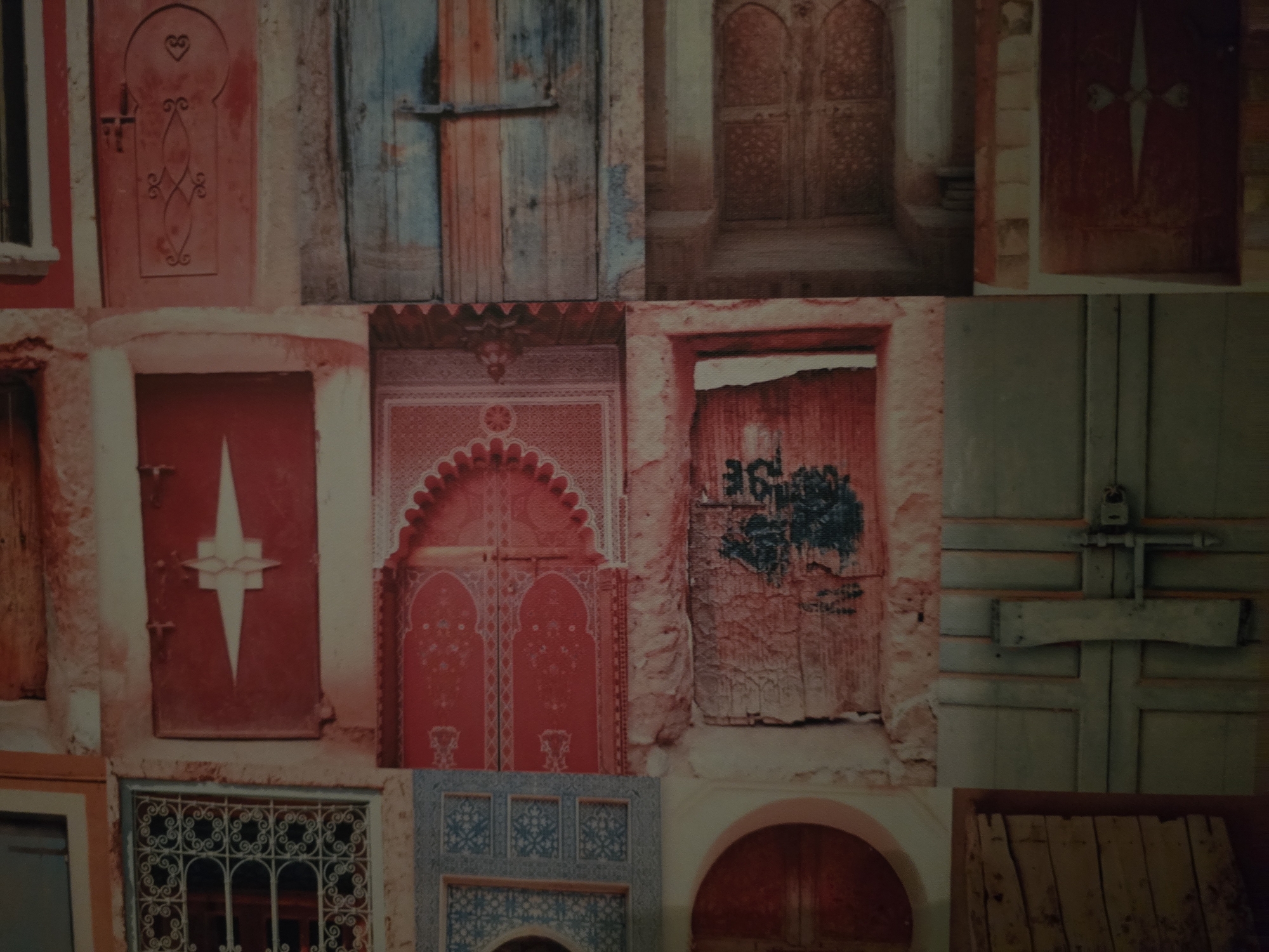 This media file is a collage or mosaic featuring various doors, gates, and one window, likely depicting architectural elements from a traditional, aged setting. The predominant colors are shades of red, pink, blue, brown, and gray, with textured, weathered surfaces suggesting age.
**Subjects:** The primary subjects are doors and architectural details.
* One door (top-left) is reddish-pink with an arched top, featuring decorative scrollwork, a heart-like shape, and a metal handle.
* Another (top-middle) is a rustic, weathered blue wooden door with visible planks and horizontal supports.
* A third (top-right) is a dark red door with a white cross-like design.
* A vibrant red double door (mid-center) is highly ornate, set within an arched frame with scalloped edges and intricate geometric patterns.
* A dilapidated, reddish wooden door (mid-right) shows signs of wear and has illegible black/blue graffiti or painted symbols on its surface.
* A simple, light gray or green door (far-right) is secured with a horizontal wooden beam and a padlock.
* One section features a window (bottom-left-center) with an elaborate, white wrought-iron grill in a swirling, floral pattern, set within a blue frame.
* Other elements include arched entrances, sections of textured walls, and a decorative blue-tiled wall panel with arched niches (bottom-center).
**Activity or event:** No activity or event is taking place; the image focuses solely on architectural features.
**Notable details:** The doors exhibit diverse styles, from ornate and decorative to simple and functional. Many show signs of aging, such as chipped paint, faded colors, and weathered textures. The intricate patterns, particularly on the red and pink doors, suggest a cultural aesthetic often found in North African or Middle Eastern architecture. The padlock on one door indicates security. The lighting is diffused, making it difficult to determine the time of day or weather.
**Visible text:** Illegible black or blue graffiti is visible on the mid-right dilapidated door.