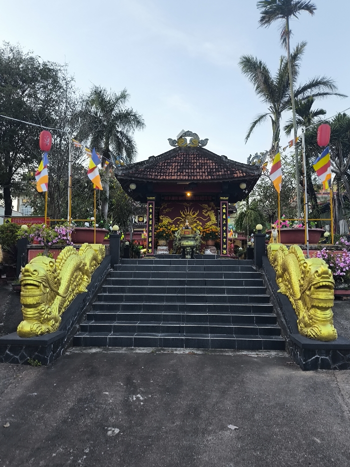 This image depicts a Buddhist temple or shrine in Tuy Hòa, Vietnam. The scene is centered on an elevated, open-fronted structure with a dark, multi-tiered tiled roof featuring decorative elements. A wide, dark-tiled staircase with approximately eight visible steps leads up to this structure. Flanking the staircase on both sides are balustrades adorned with large, golden, stylized dragon sculptures that extend from the bottom to the top of the stairs, terminating in prominent dragon heads at the base.
Inside the elevated structure, a golden altar is visible, featuring a central golden statue, likely Buddha or a deity, surrounded by numerous yellow flowers (chrysanthemums) and other offerings, including a large, ornate golden censer or vessel. The back wall of the altar area is red, decorated with a large golden emblem and golden dragon motifs. Red banners with golden calligraphy are present on the pillars and to the sides of the altar. The interior is illuminated by artificial light.
The environment surrounding the structure includes lush green foliage and several palm trees, particularly prominent on the right. Multiple Buddhist prayer flags, striped in blue, white, yellow, red, and orange, fly from poles on either side of the structure. Two red lanterns are also suspended near the top of these poles. Pink and purple flowering plants are visible in planters on the elevated platforms flanking the central structure. The foreground consists of a dark, textured paved or concrete surface. The sky overhead is a light blue with minimal cloud cover. No individuals or animals are present in the depicted scene, and no specific actions or interactions are occurring.